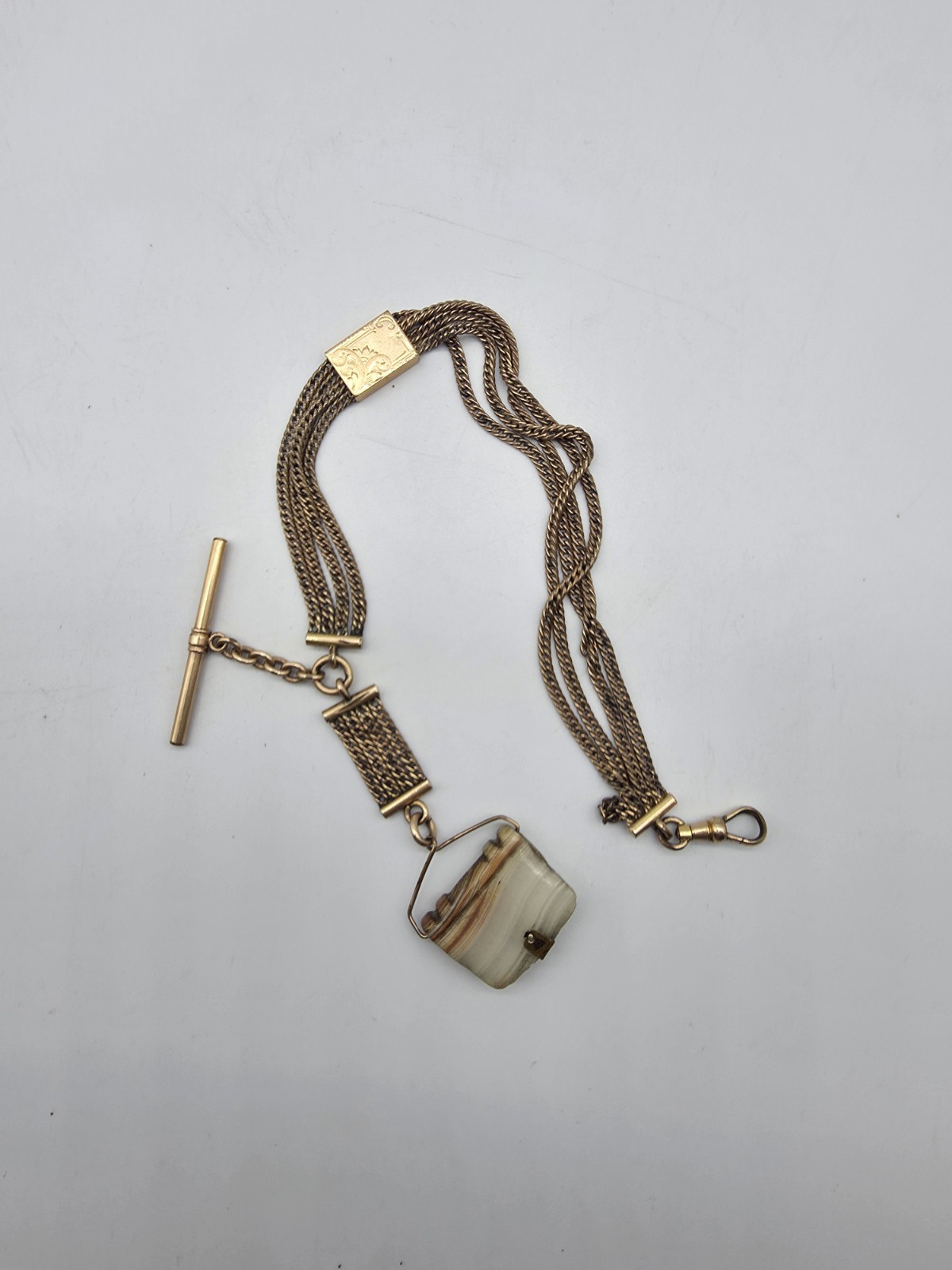 Antique Victorian Gold Filled 4 Strand Mesh Watch Fob Chain Slide Carved Agate