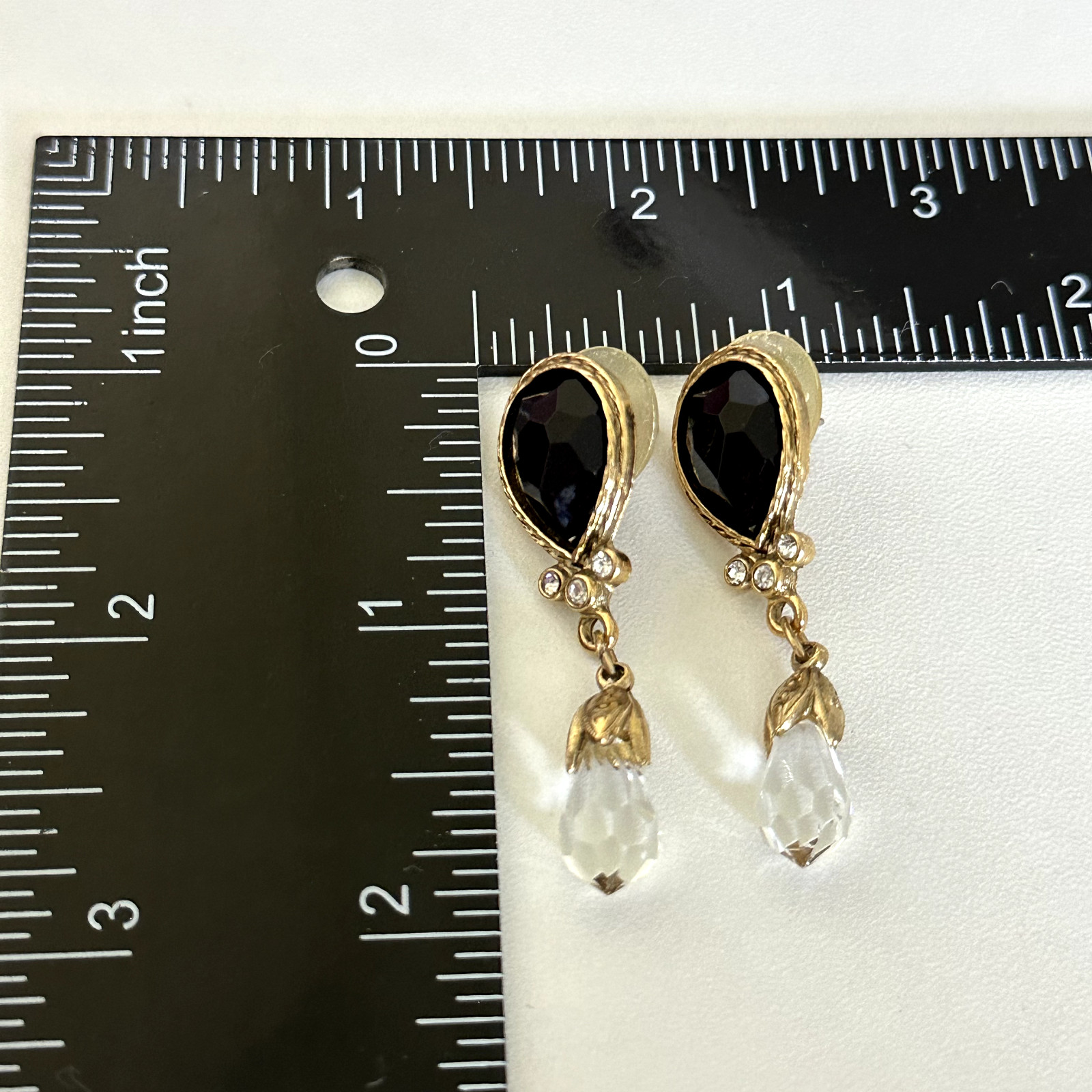 Vintage Clear Faceted Crystal Black Acrylic Stone Gold Tone Dangle Earrings