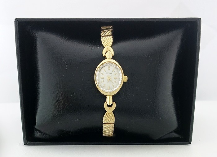 BENRUS LADY’S DIAMONDS WATCH SOLID 14K YELLOW GOLD – STRETCH BAND