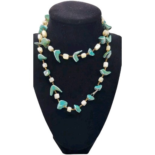 Mother Of Pearl Artisan Green Blue Shell White Vintage Necklace Hook Clasp Long