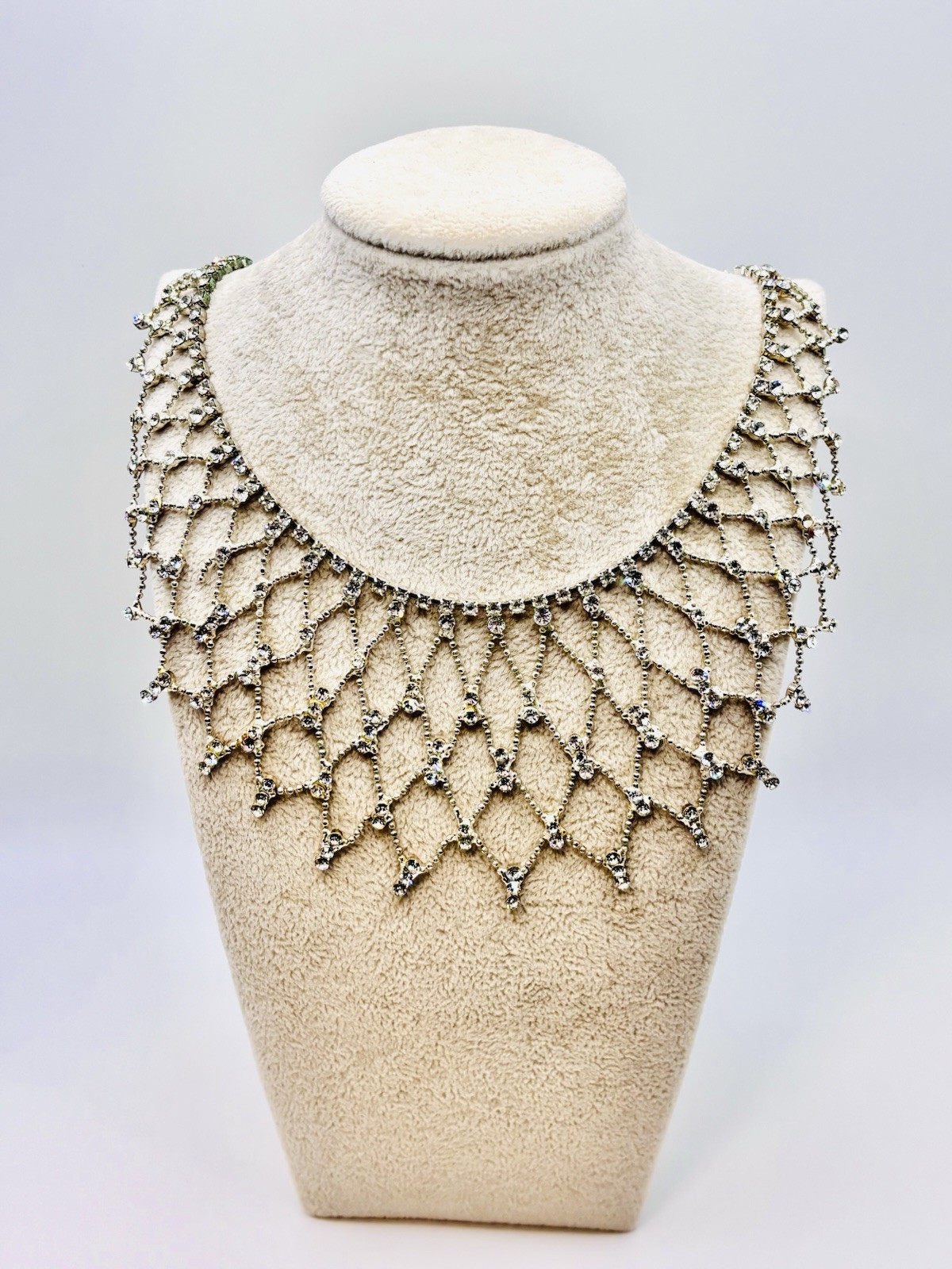 Vintage Rhinestone Bib Collar Necklace Silver Tone Drape Lattice Statement