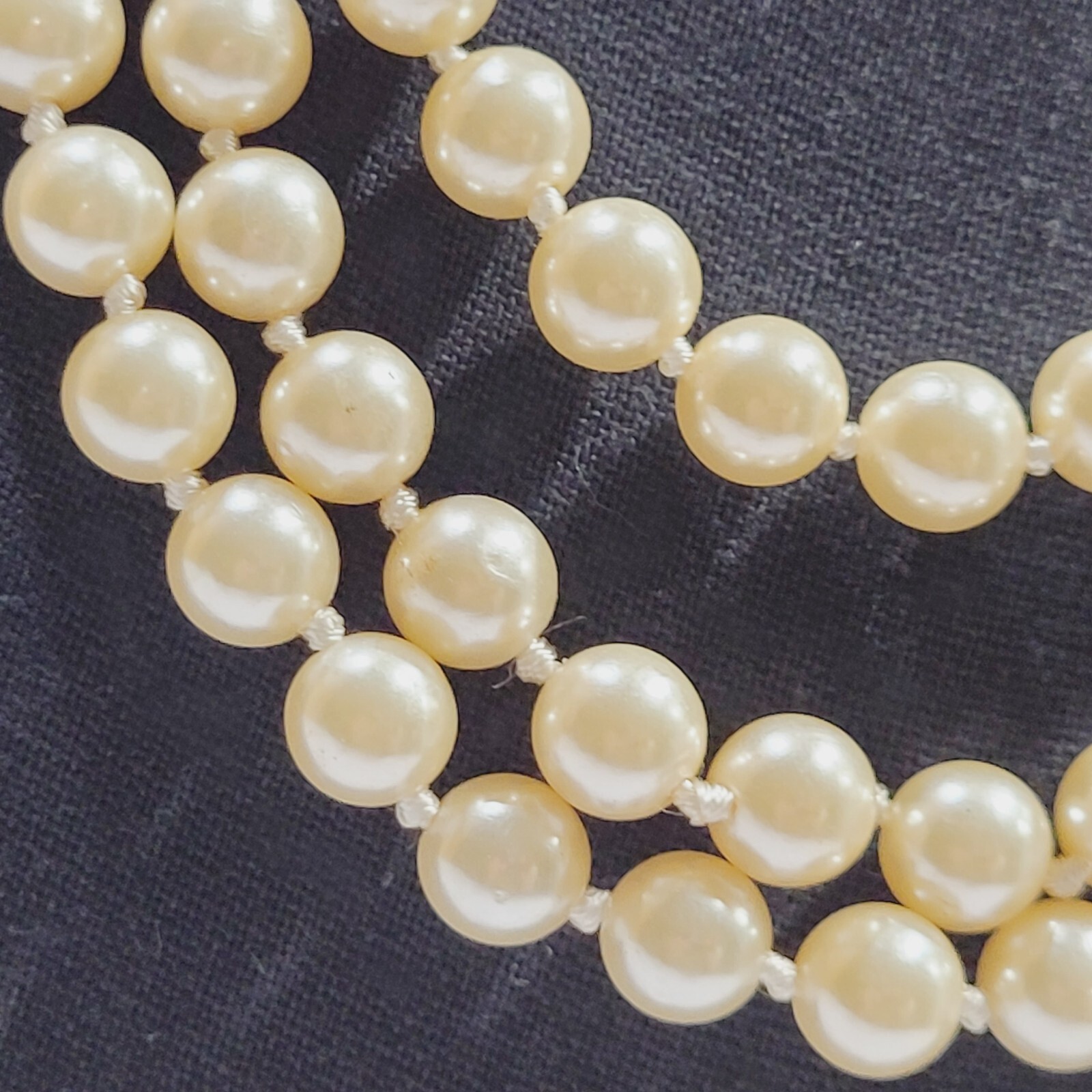 Triple Strand Off White Faux Pearl Knotted Necklace with Gold Tone Clasp 15 Inch