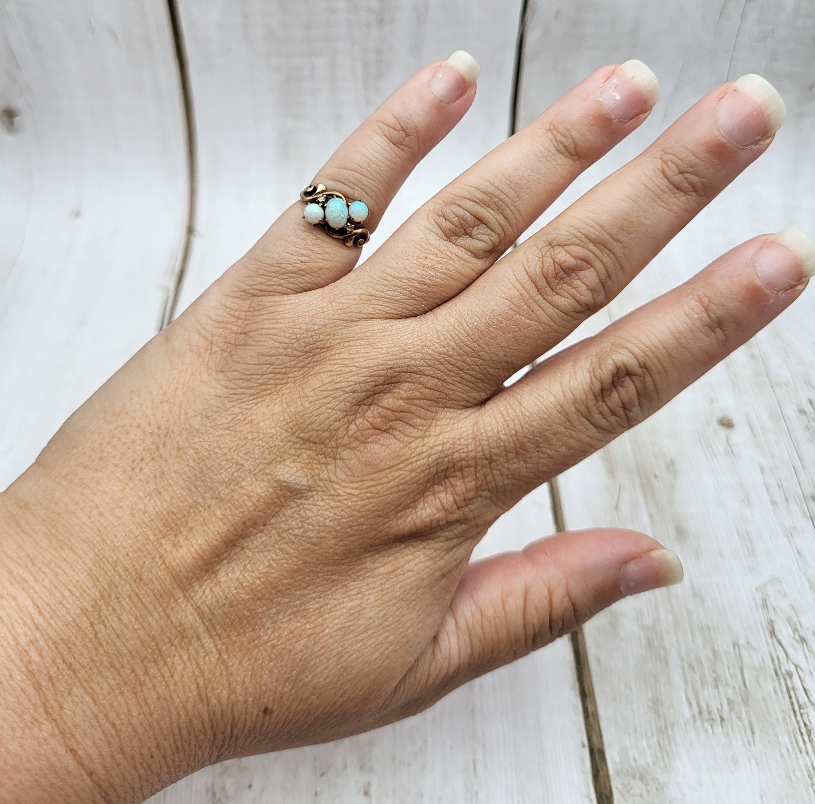 Antique Victorian 10K Gold Trilogy Opal & Diamond Ring Sz 4.25