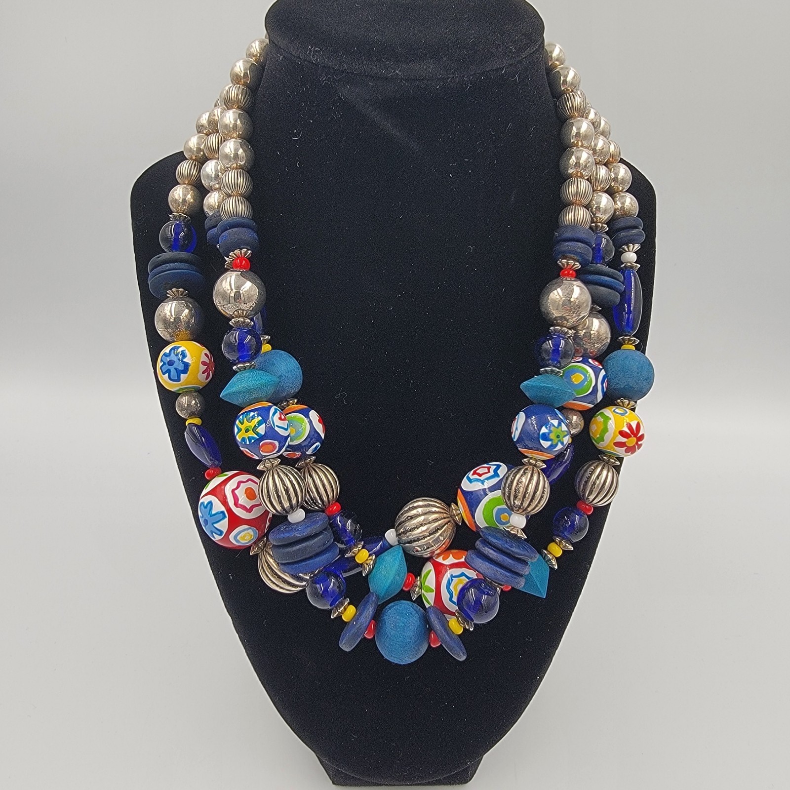 Vtg 80s Boho Multi-Strand Wood Ceramic Beaded Necklace Chunky Blu Red Yel Tribal