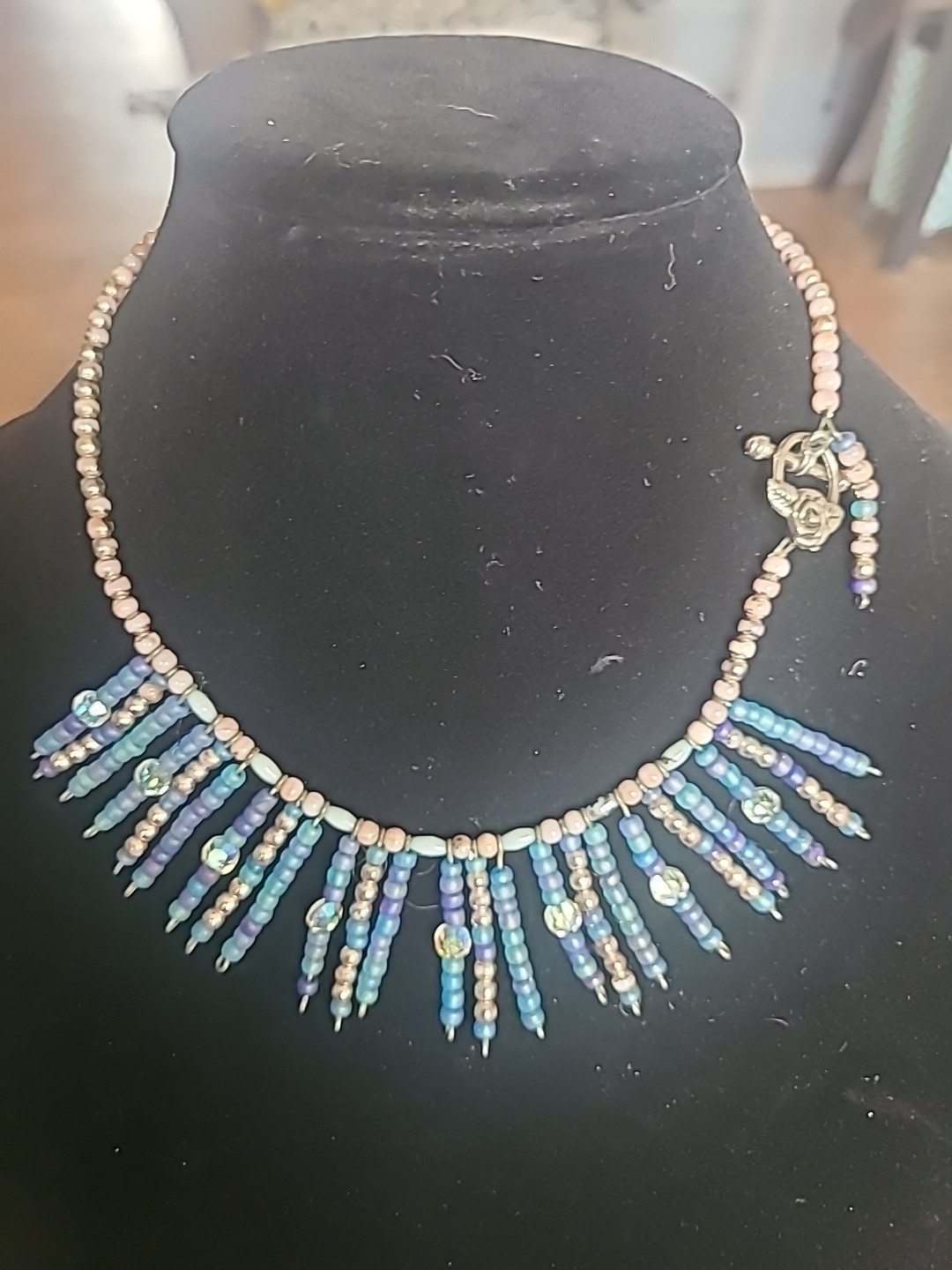 Vintage Artisan Crafted 925 Toggle Side Clasp Tassel Necklace Blue Pinks Silver