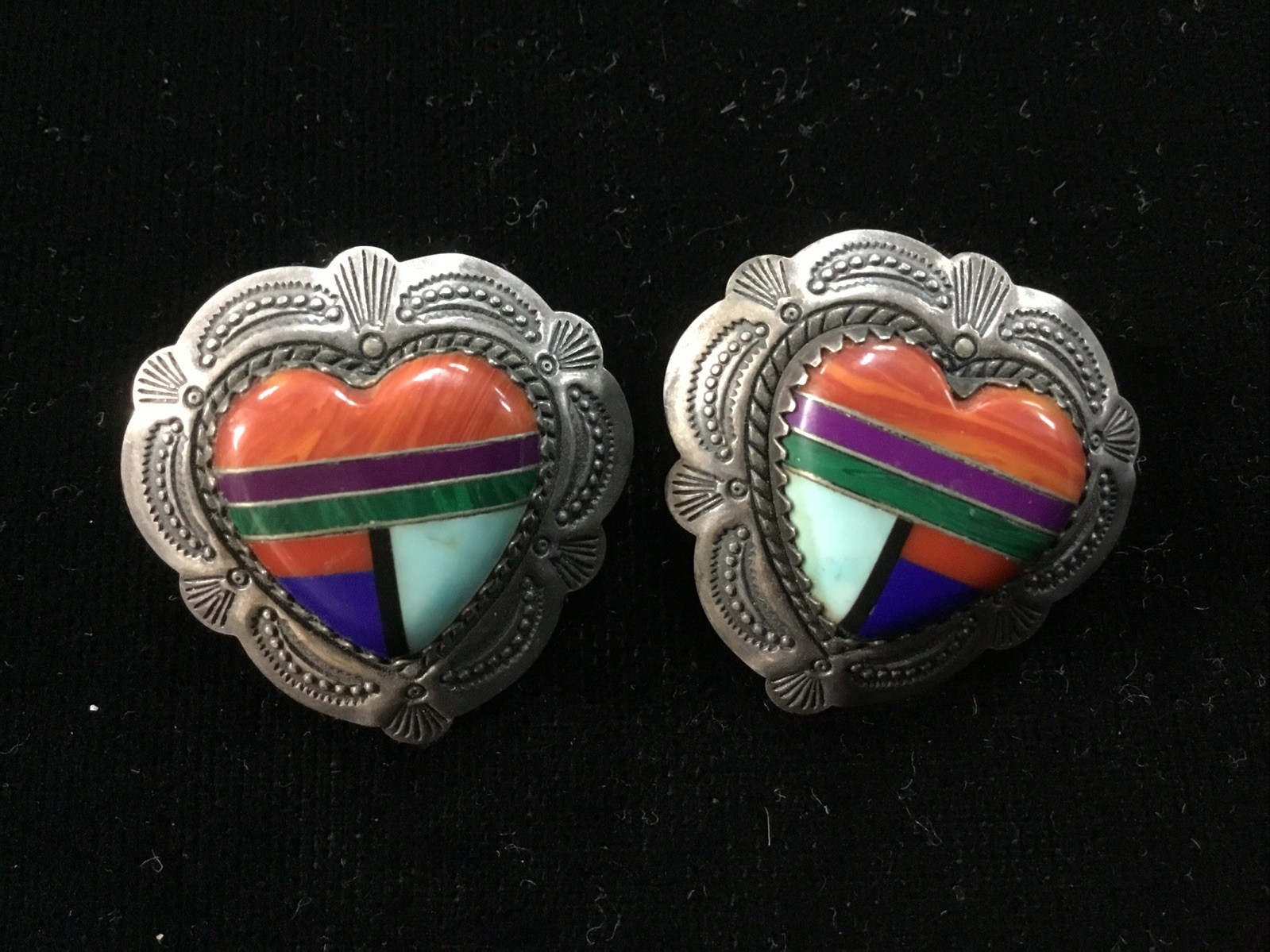 Q. T. Multi Gemstone and Sterling Silver Signed Heart Stud Earrings Southwestern