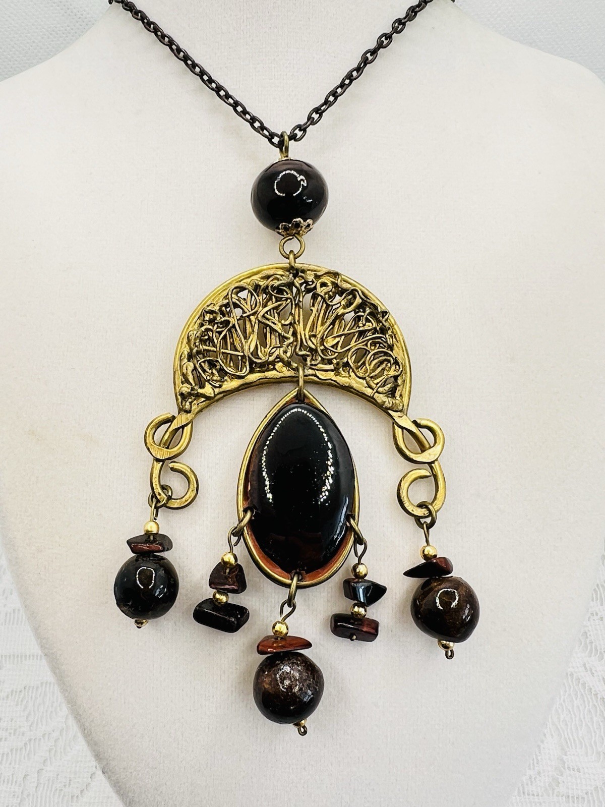 Vintage Brutalist Mixed Metals Necklace Handmade 70s Brass Copper Glass Beads