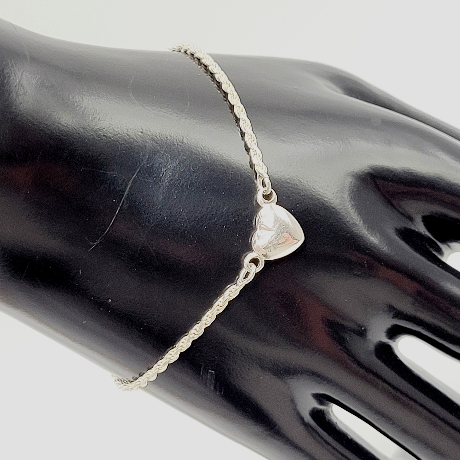Minimalist Dainty Puffed Heart Station 925 Sterling Rope Chain Bracelet 7.25 in