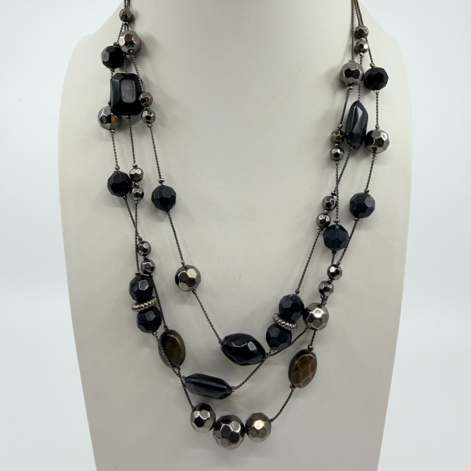 Vintage Gunmetal Tone Layered Necklace Multi Strand Black Onyx Color Bead Boho