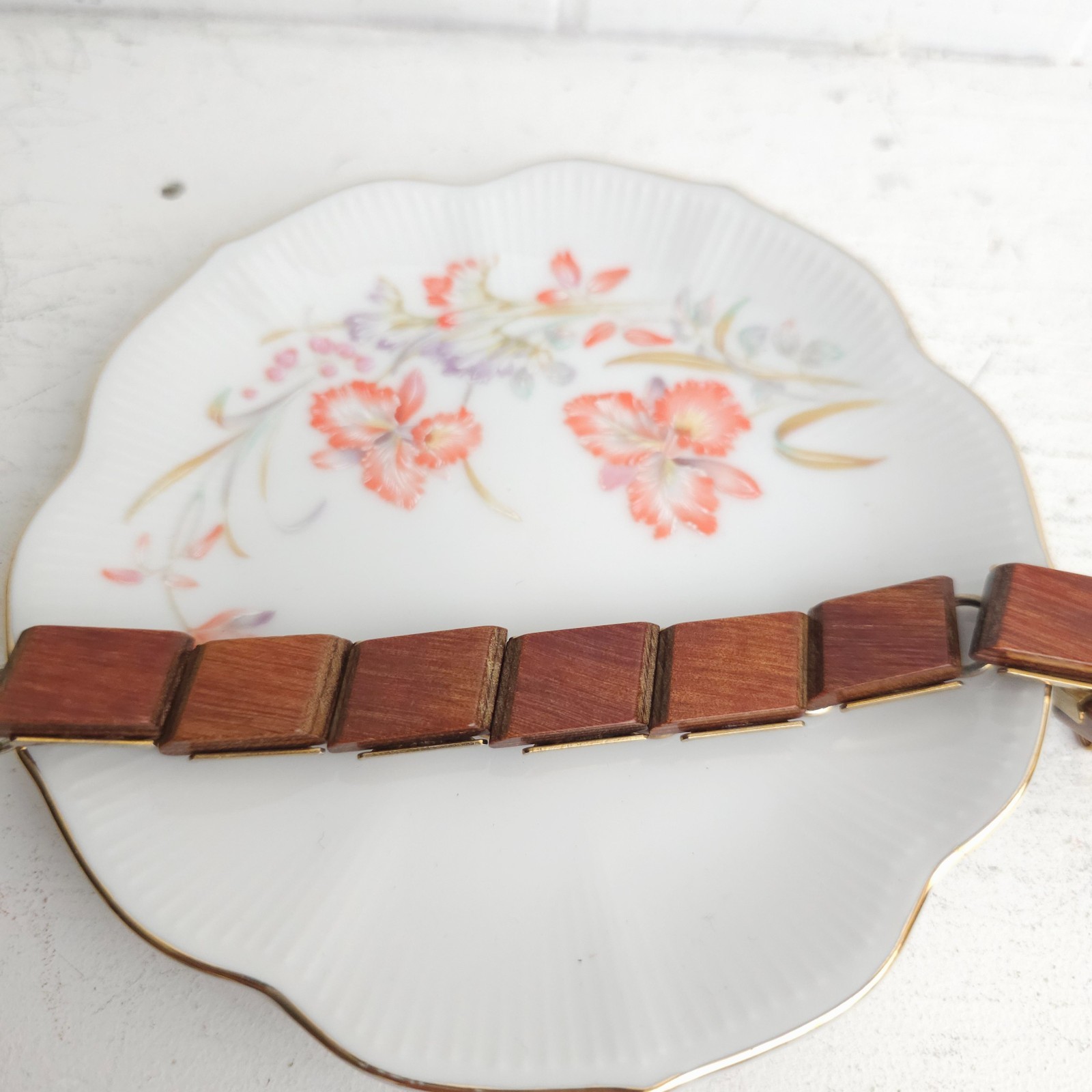 Vtg Modernist MCM Wood Tile Link Bracelet Boho 1960s 70s Earthy Natural Minimal