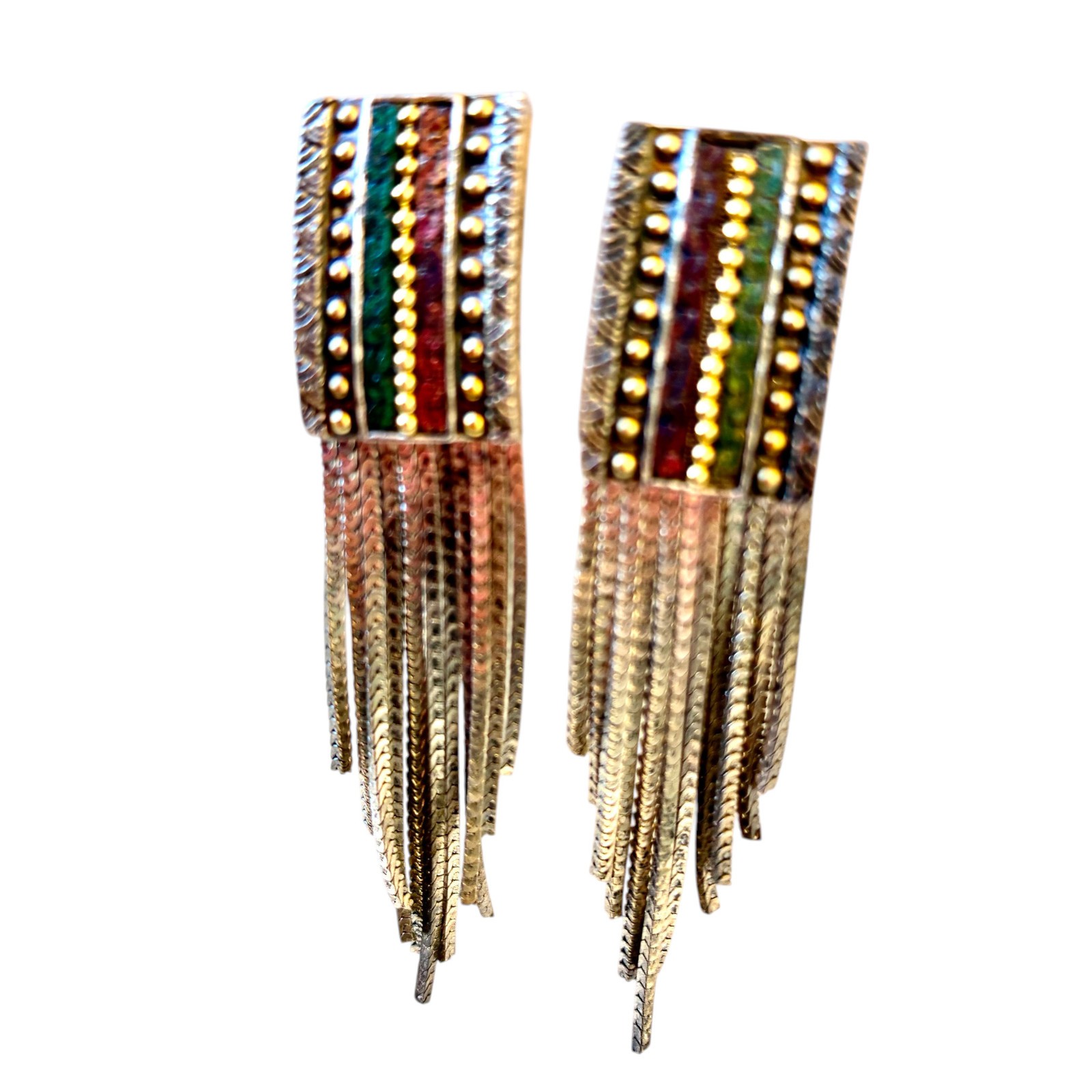 Vintage Turkish Metal Earrings Chain Fringe Dangle Tri-color CLIP-ON