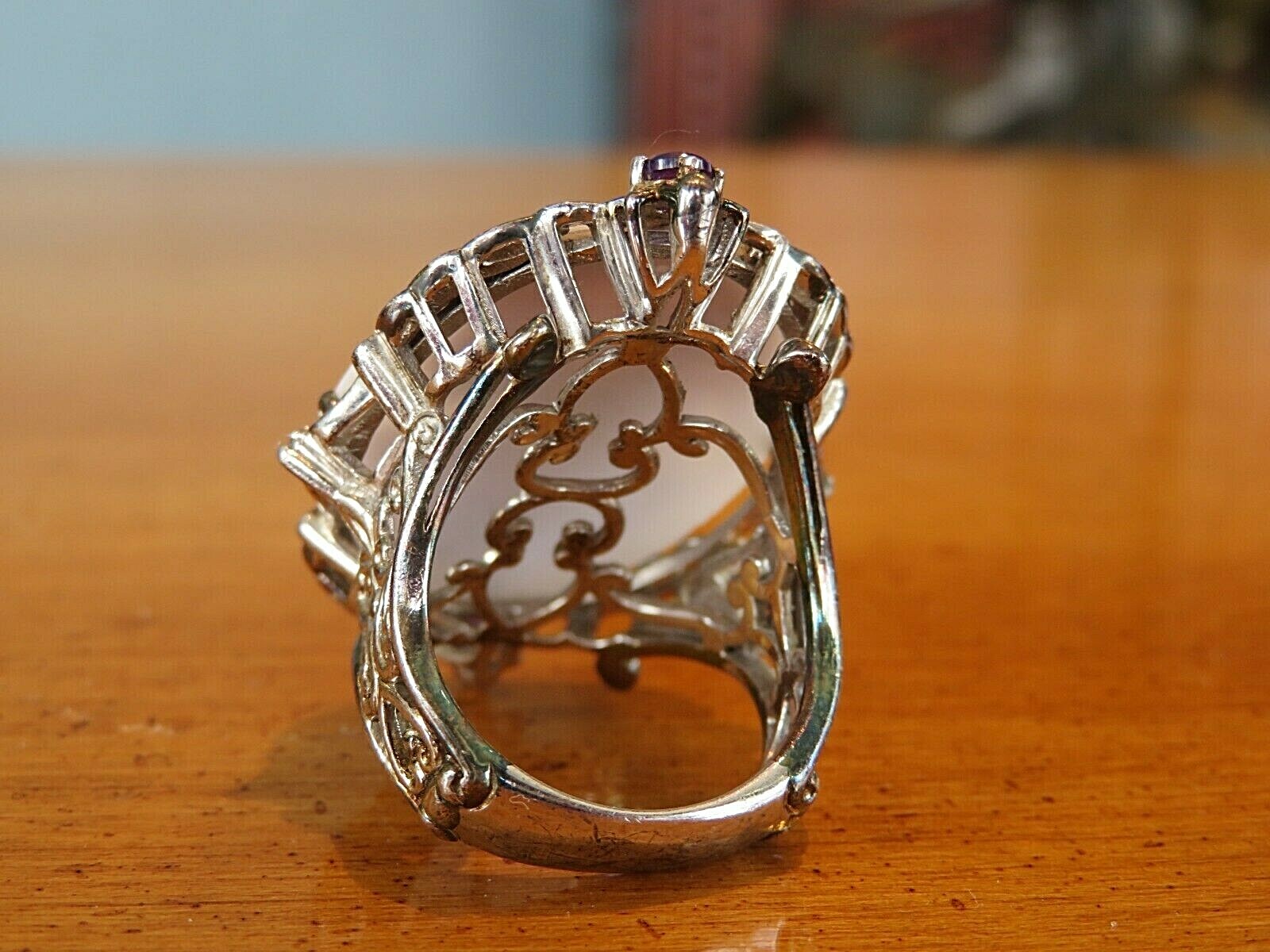 VINTAGE STERLING SILVER CARVED CAMEO AMETHYST RING SIZE 7 39X28MM