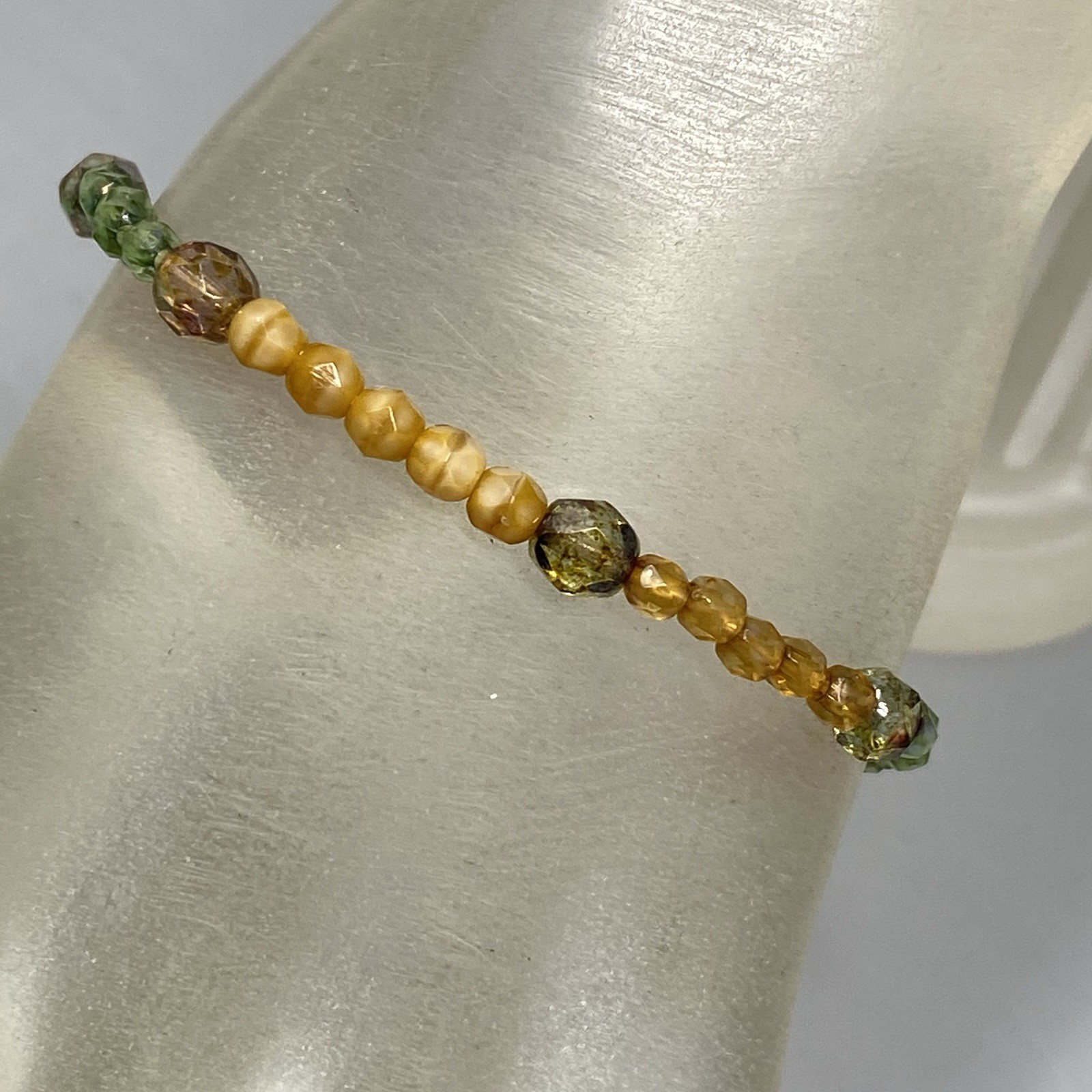 Glass Bead Bracelet Mini Green Orange Marble Faceted Fire Polished Coated 7″