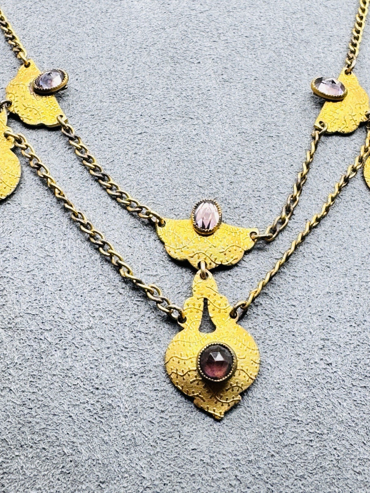 Antique Edwardian Gold Filled Festoon Necklace Rose Cut Purple Paste Stones