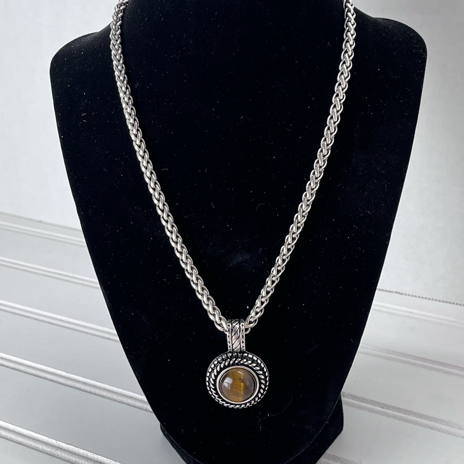 Vintage 18” Double Curb Chain Necklace – Brown Glass Cat’s Eye Pendant – 1990s