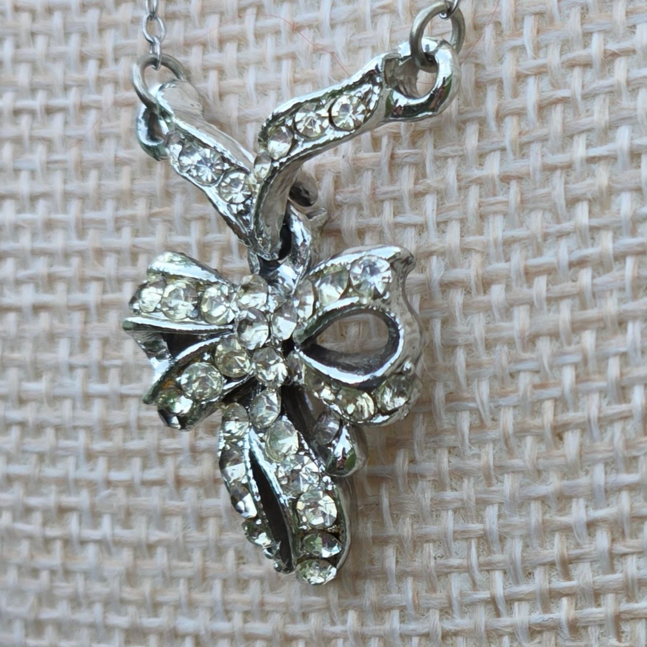 VTG Sterling Silver Bow Pendant Necklace Rhinestones Chain Elegant Jewelry Gift