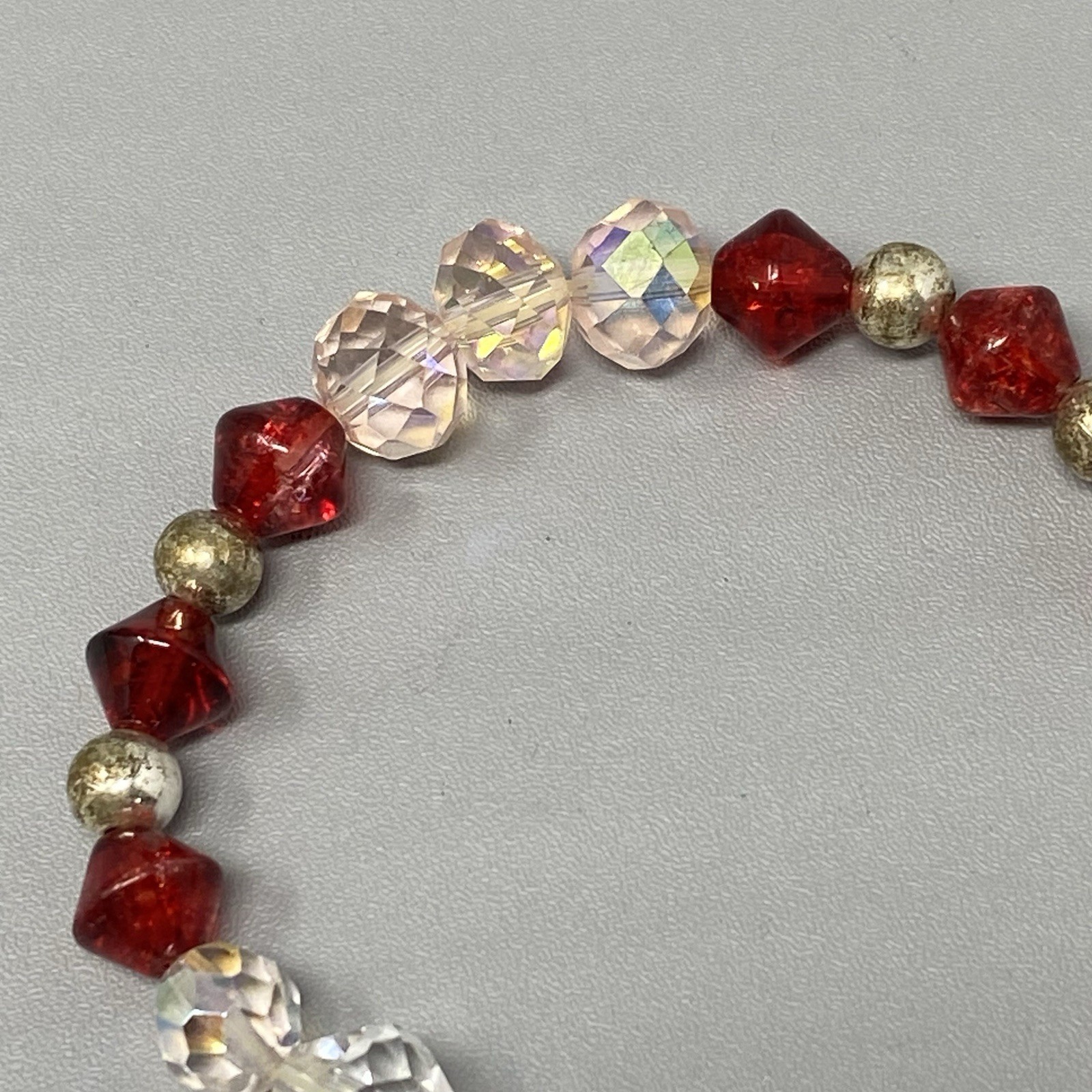 Glass Bead Bracelet Red Clear Pink Fire AB Coated Iridescent Bicone Stretch 7″