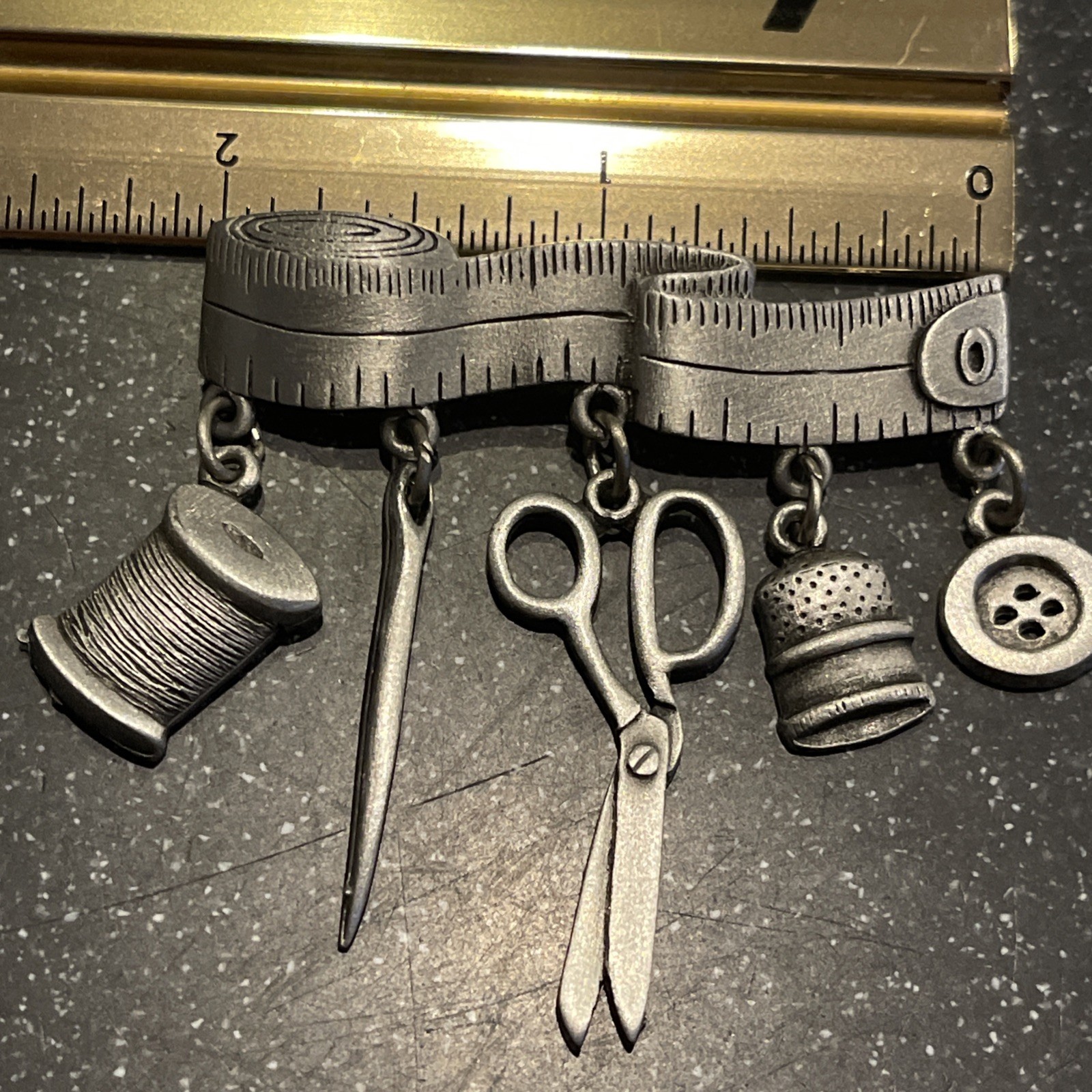 JJ Jonette Pewter-Tone Tape Measure Brooch w/ Sewing Notion Charms: Scissors +