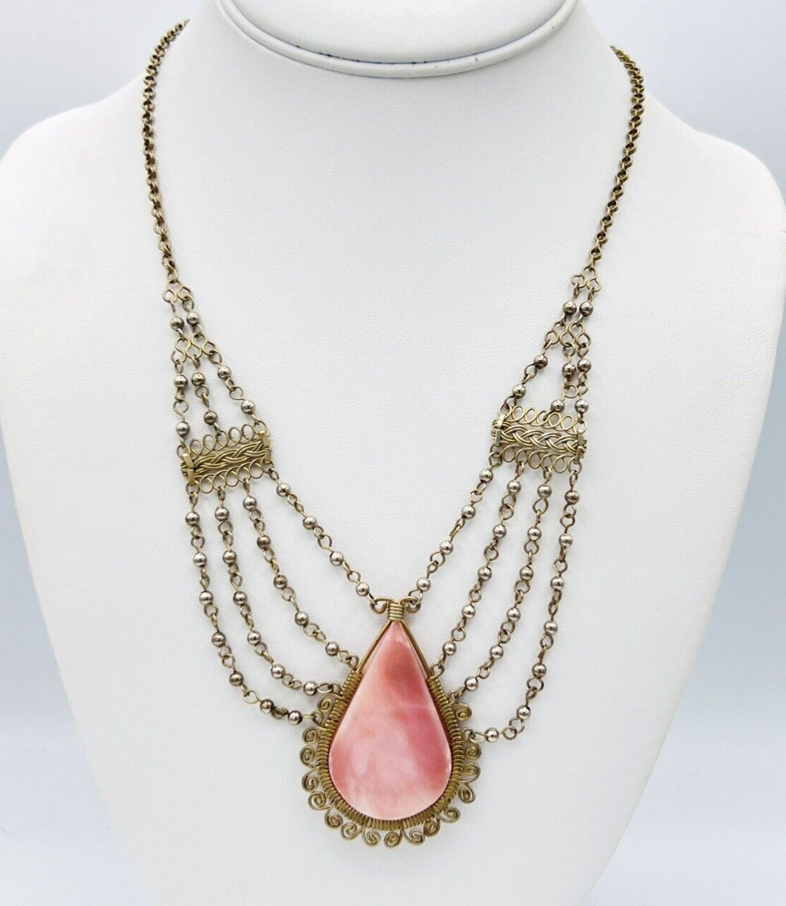 Vintage Silver Tone Pink Stone BOHO Collar Necklace