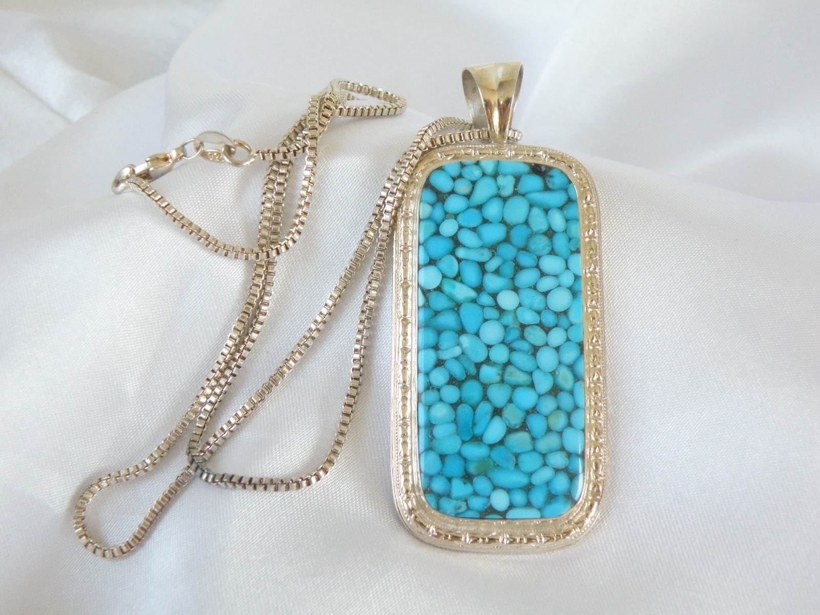 Huge Sterling Silver 925 Large Mosaic Turquoise Statement Pendant Necklace