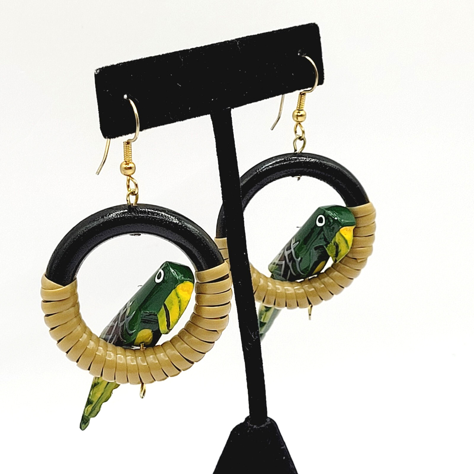 Parrot Macaw Tropical Hand Painted Carved Bird on Hoop Hook Pierced Vtg Earrings