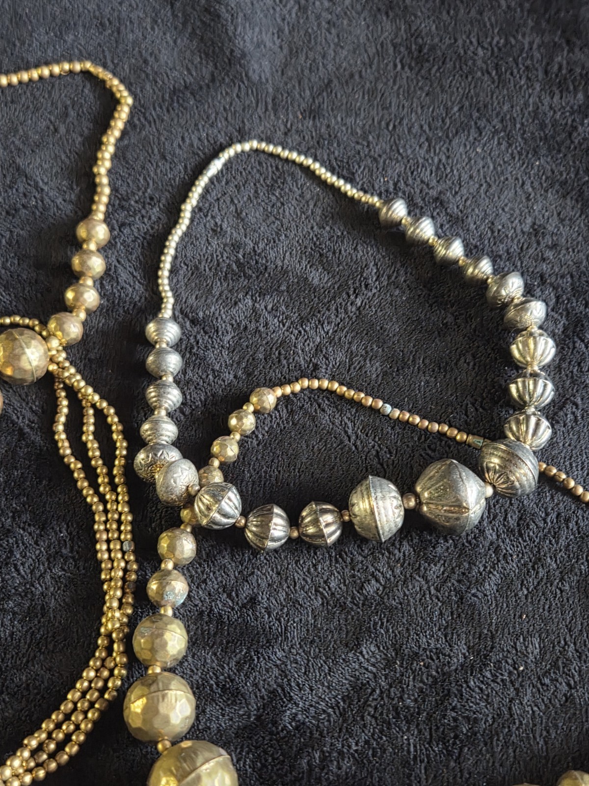 Lot Of 4 Hammered Brass Bead / Silver Necklace 30” Long Graduated Boho Tribal