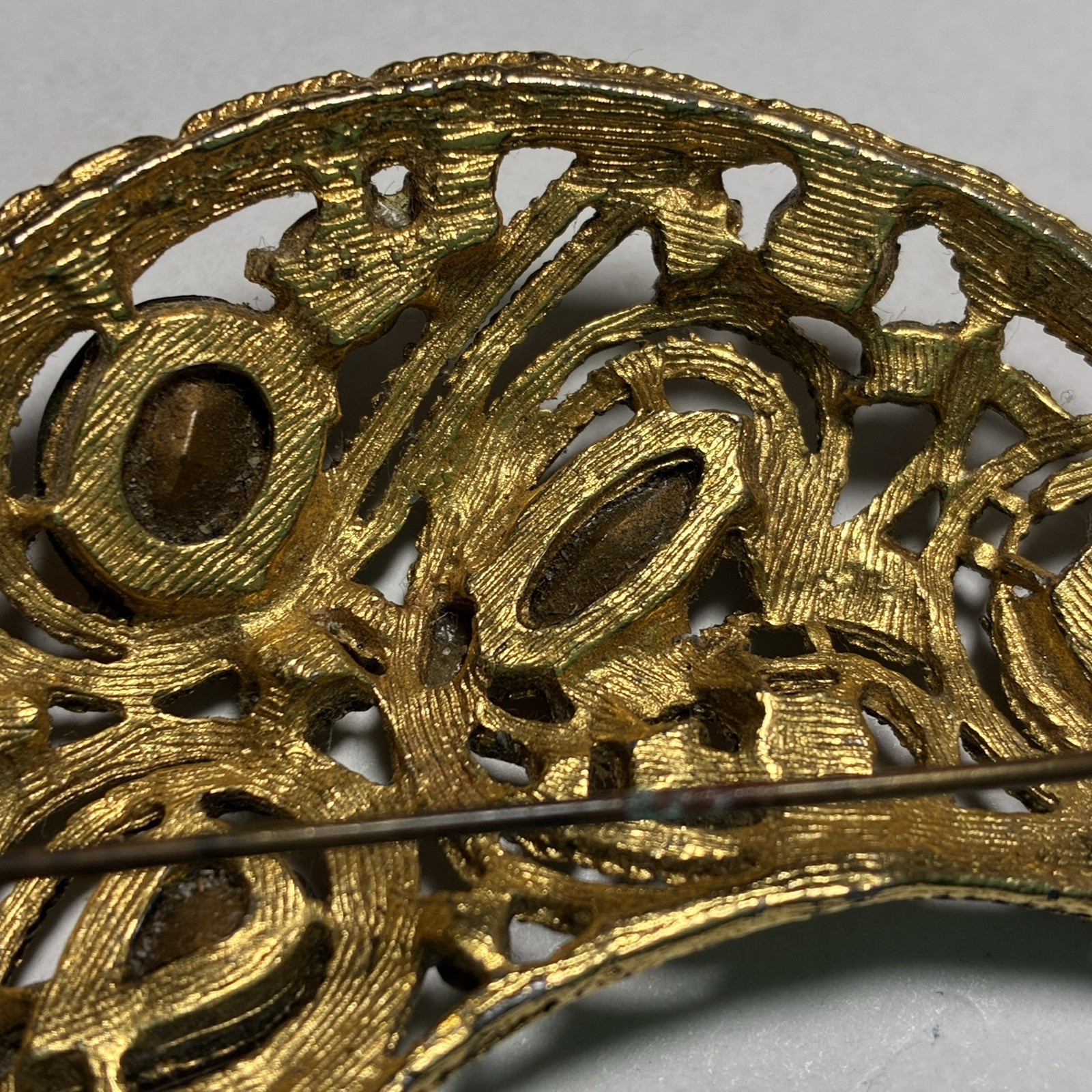 Large Vintage La Roco 1950s Half Moon Crescent Brooch Lapel Pin Faux Amber