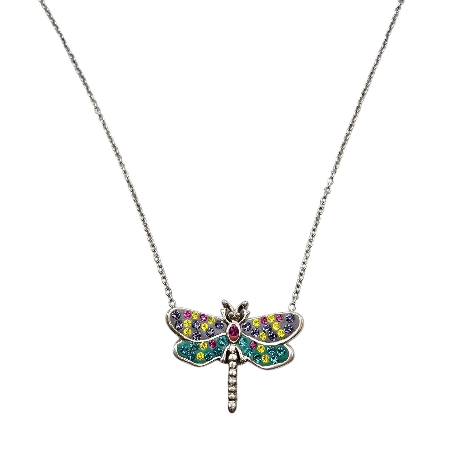 Necklace Small Dragonfly Pendant Multicolor Rhinestones Silver Tone 16″ SKU 2241