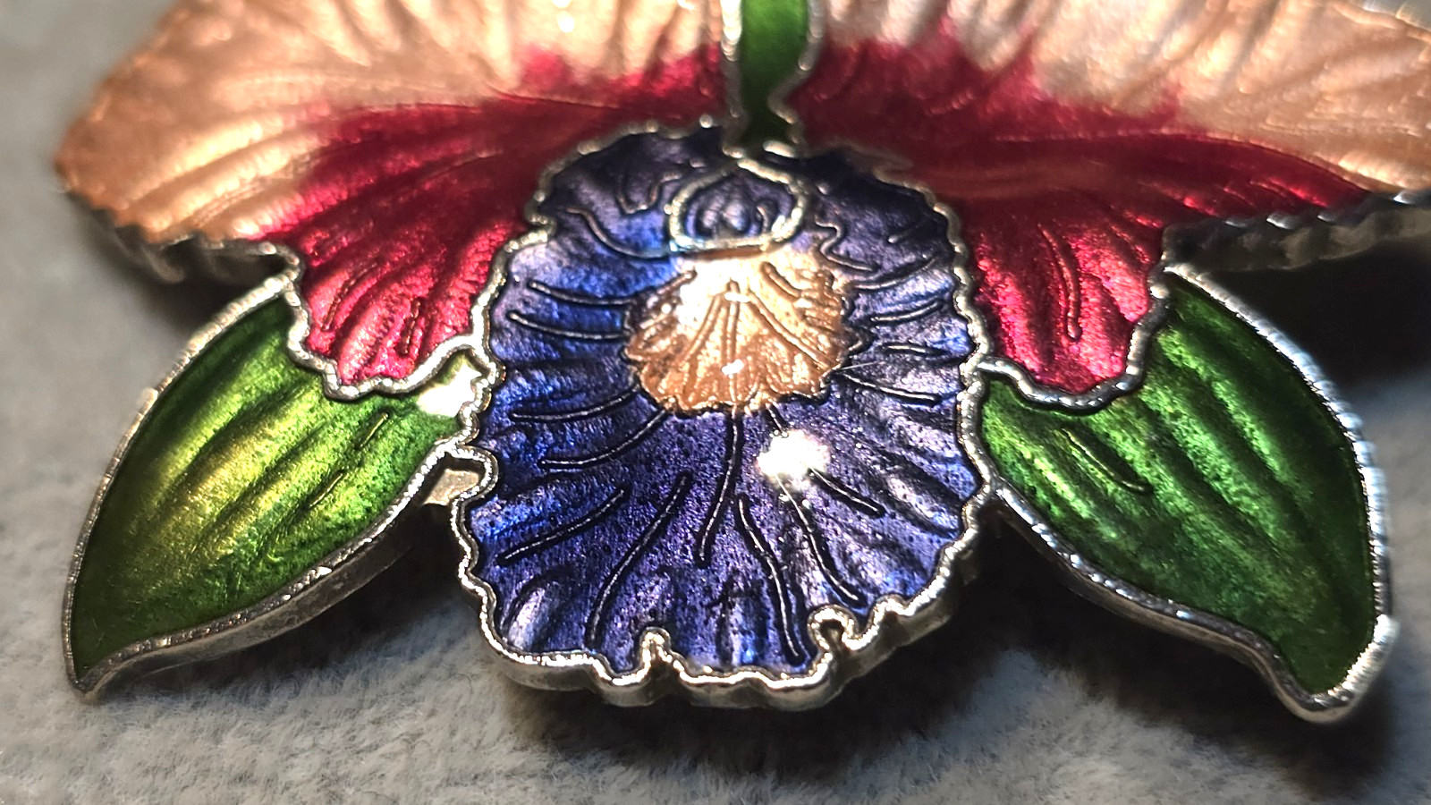 Vintage Cloisonne Enameled Orchid Brooch Pink Purple Silver Tone 2 inch