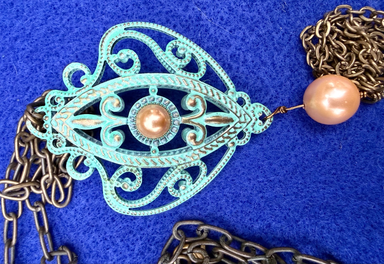 Vintage Patina Metal Filigree Medallion Tassel Necklace Art Nouveau 28″