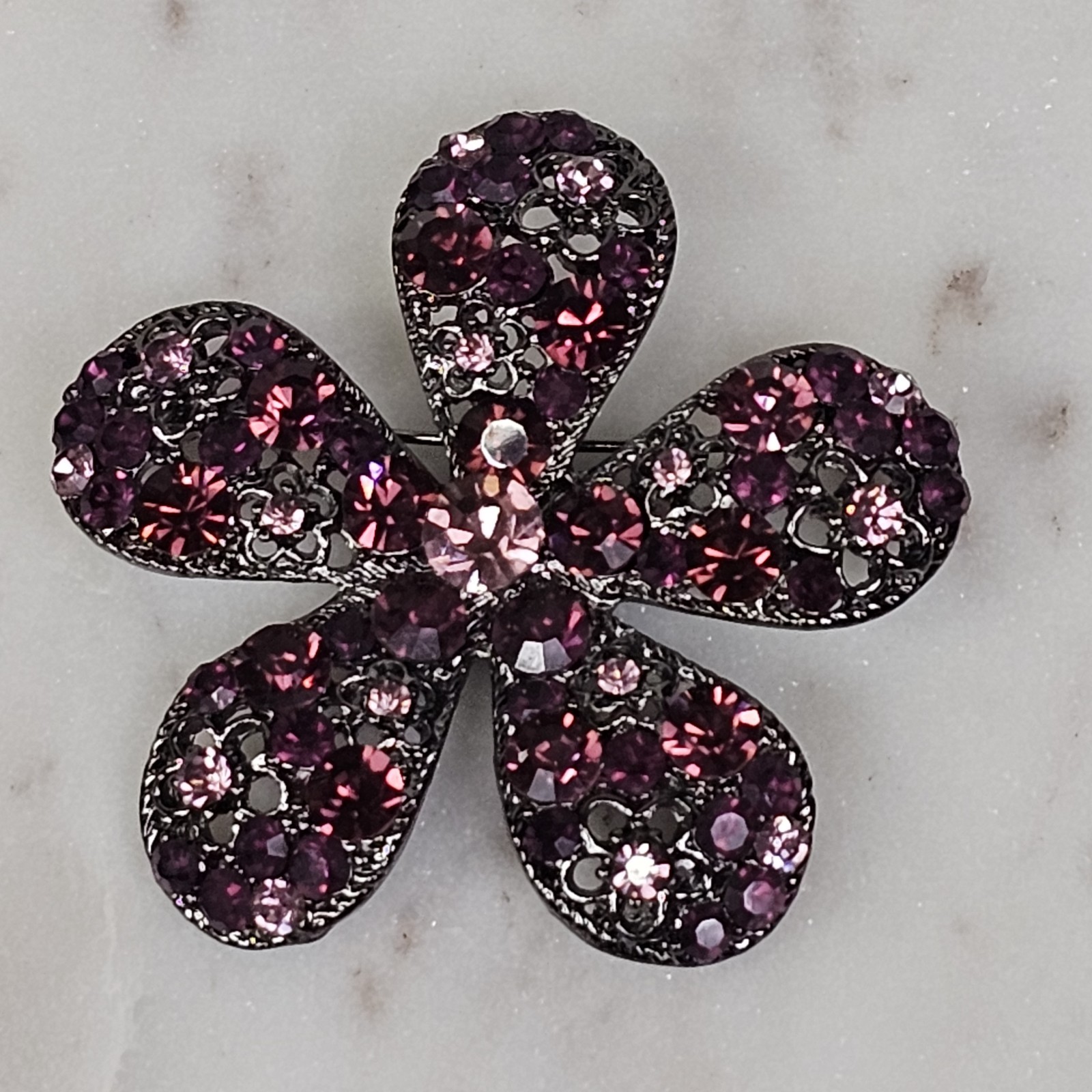 Vintage Purple Flower Rhinestone Gunmetal Pink Crystals Brooch Estate