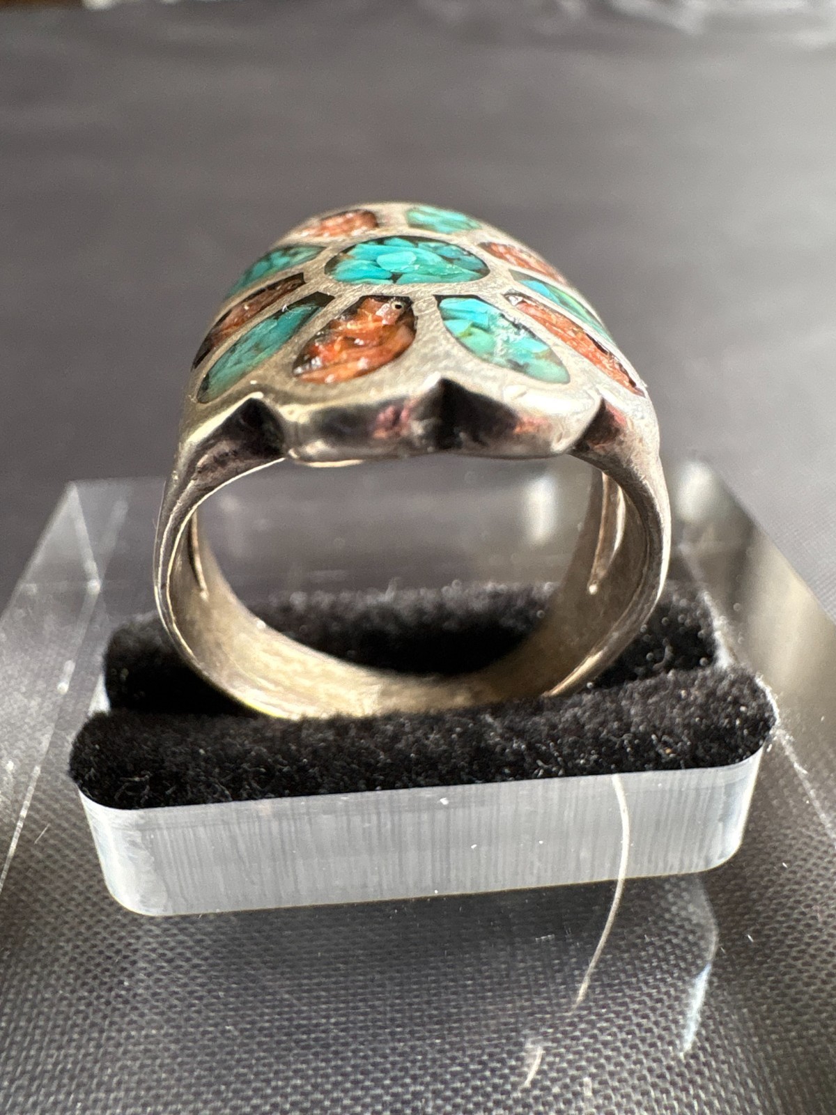 Vintage Silver Native American Turquoise & Coral Chip Inlay Ring Size 6.5 US