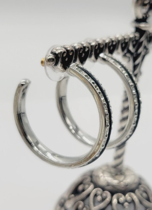 Nine West Hoop Earring Silver Tone Black with Crystal accent Pierced 1.5 in