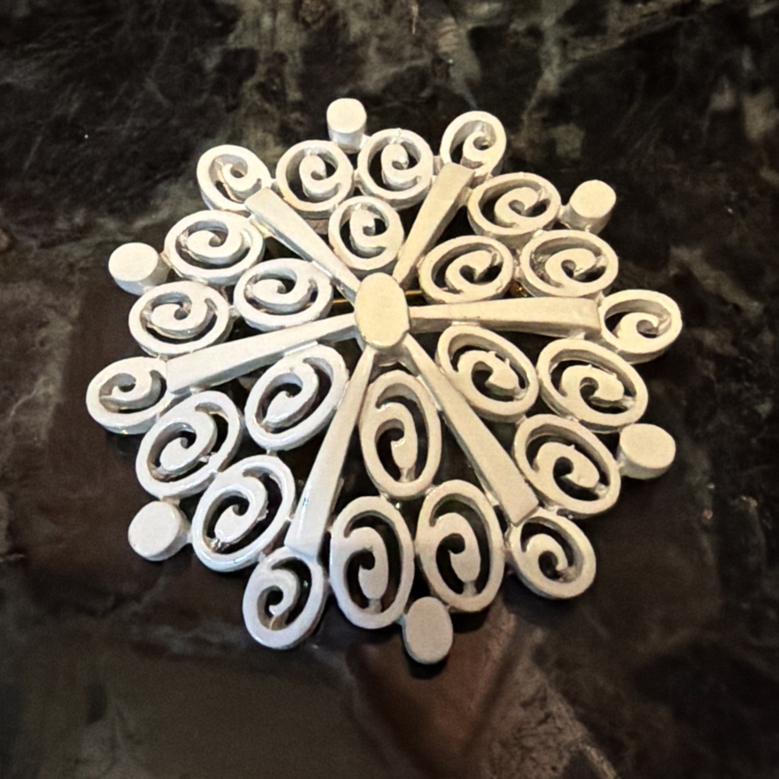 Vintage Crown Trifari Scroll Work 2” Brooch White Enamel Finish G/T Pin MINT A1