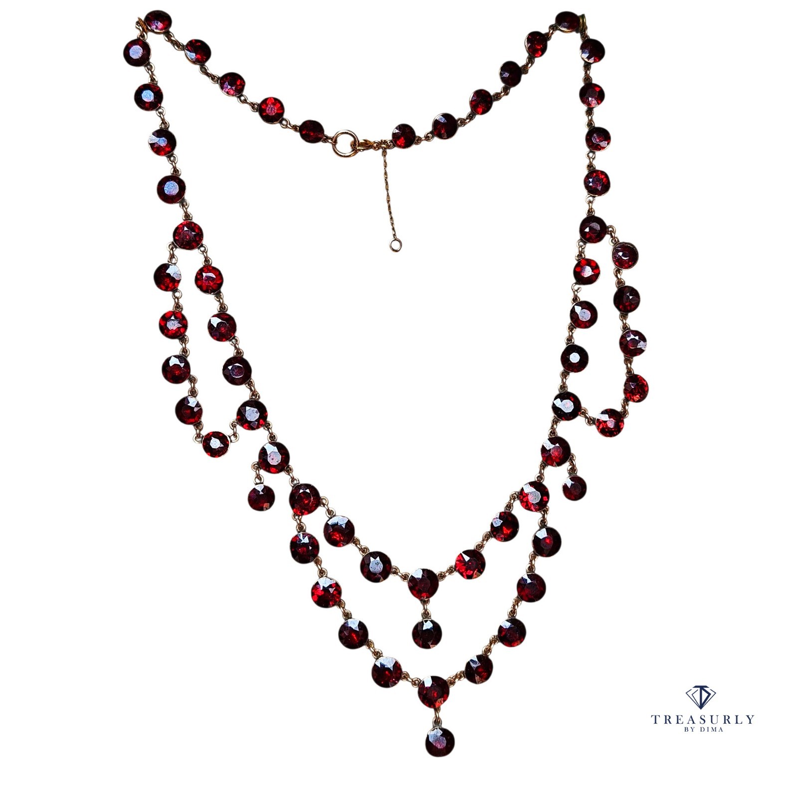 English Late Georgian Early Victorian Almandine Swags Garnet 9 KT Gold Necklace