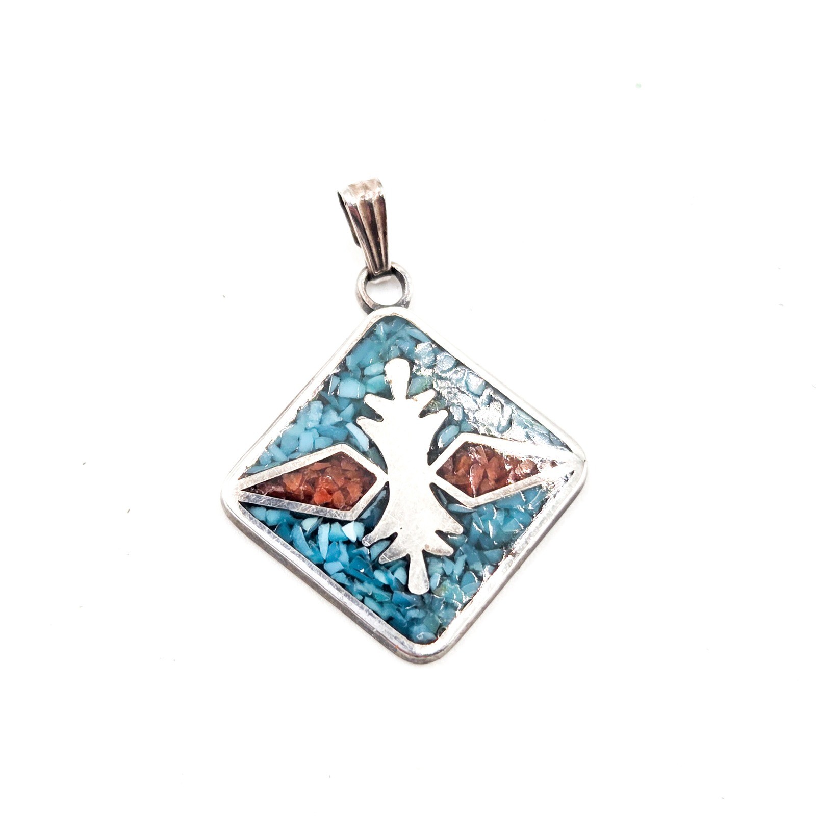 Vintage Sterling Silver 925 Thunderbird Chip Inlay Turquoise Coral Pendant