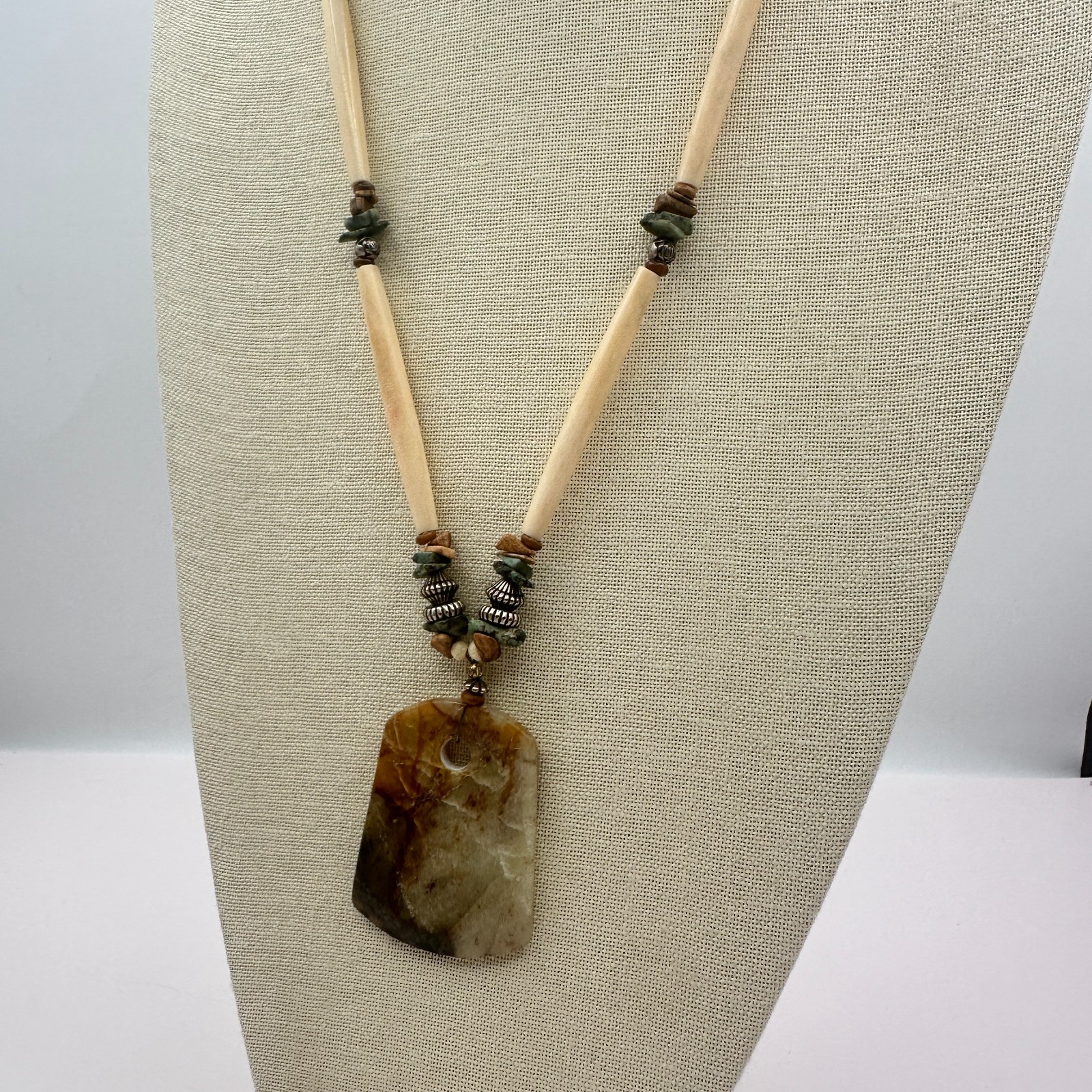 Vintage Southwestern Earthy Resin Pendant Hairpipe Necklace Boho Bead Statement