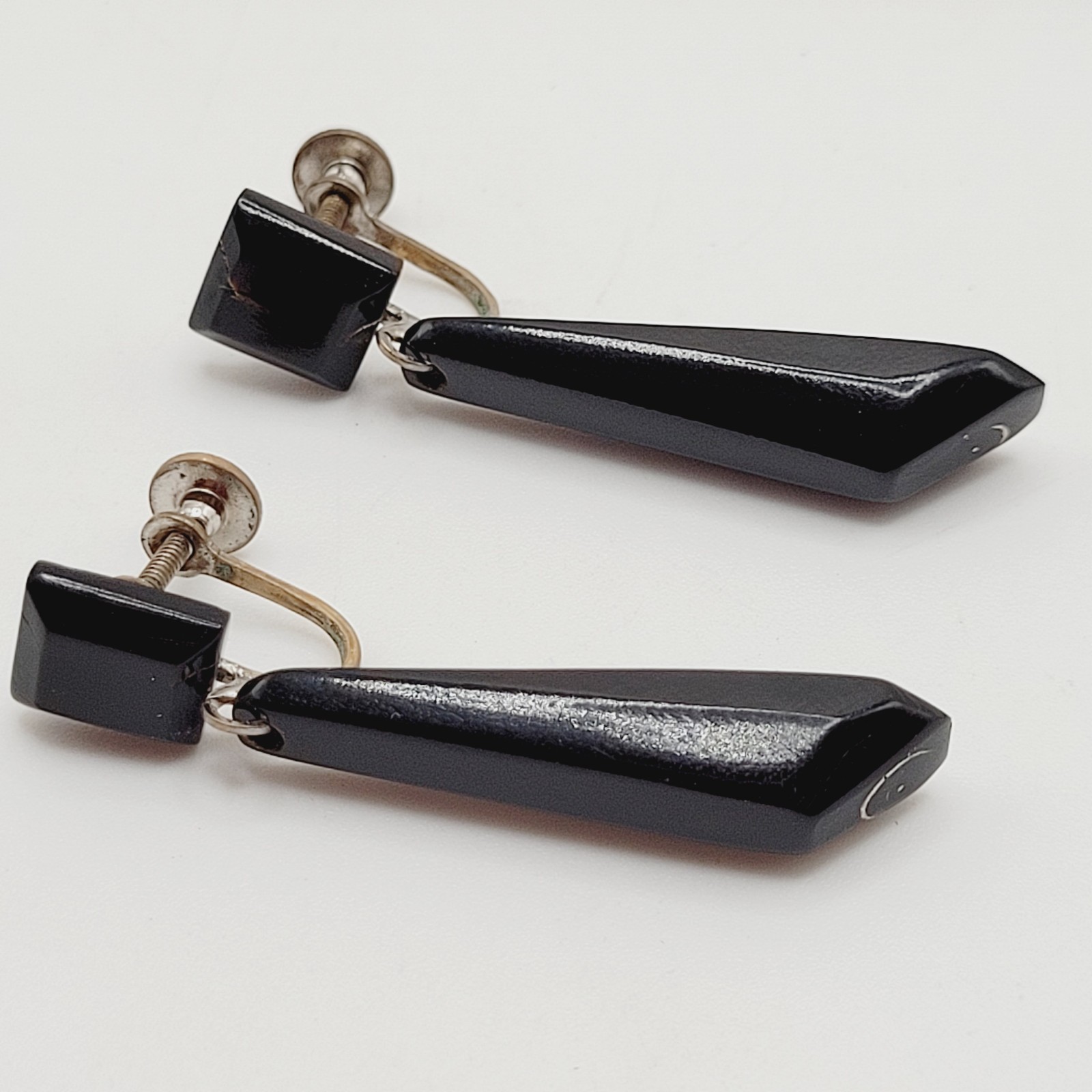 Hawaiian Natural Black Coral Vintage Screw Back Art Deco Style Dangle Earrings