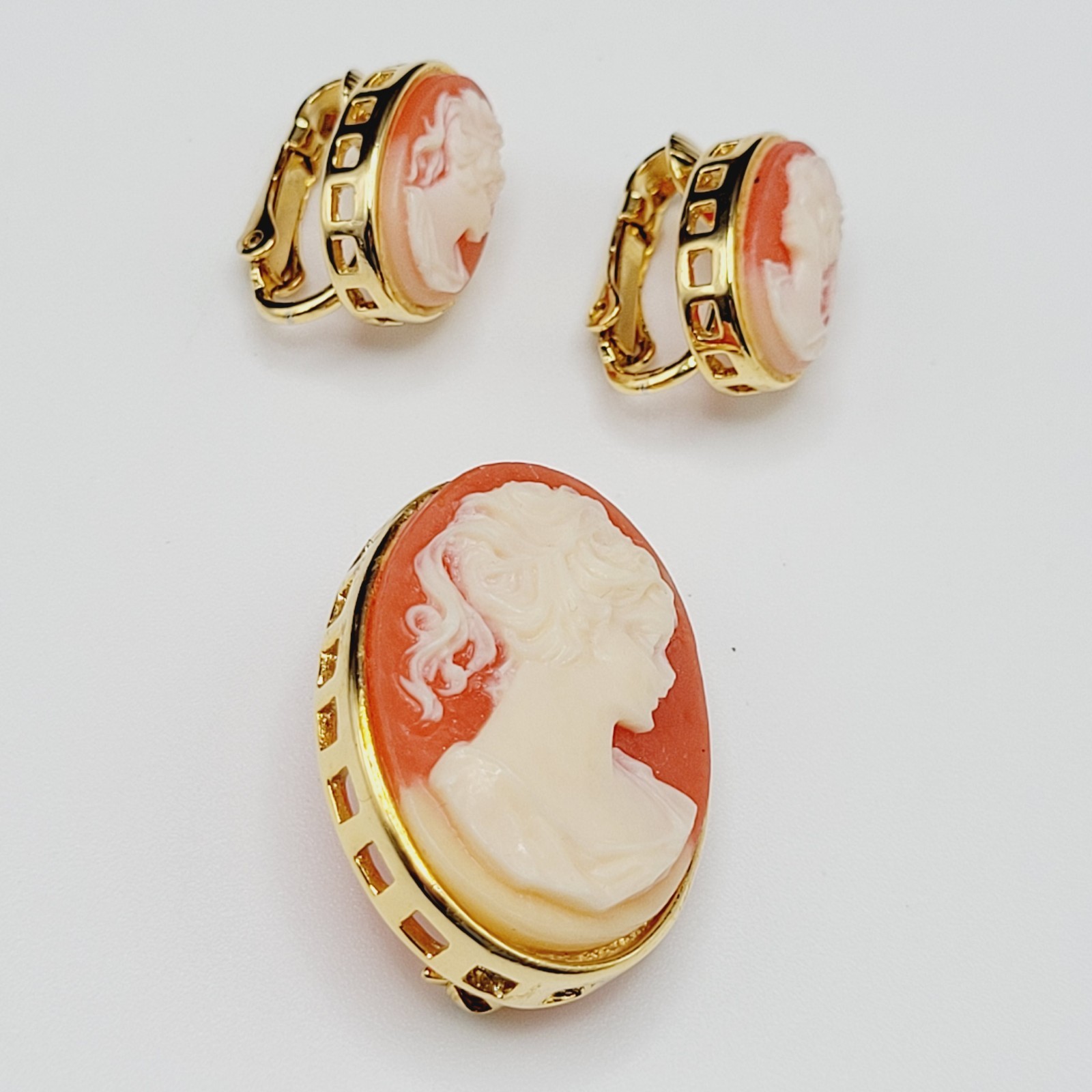 Cameo Set Resin Backed Gold Tone Open Works Frame Salmon Coral Color Revival