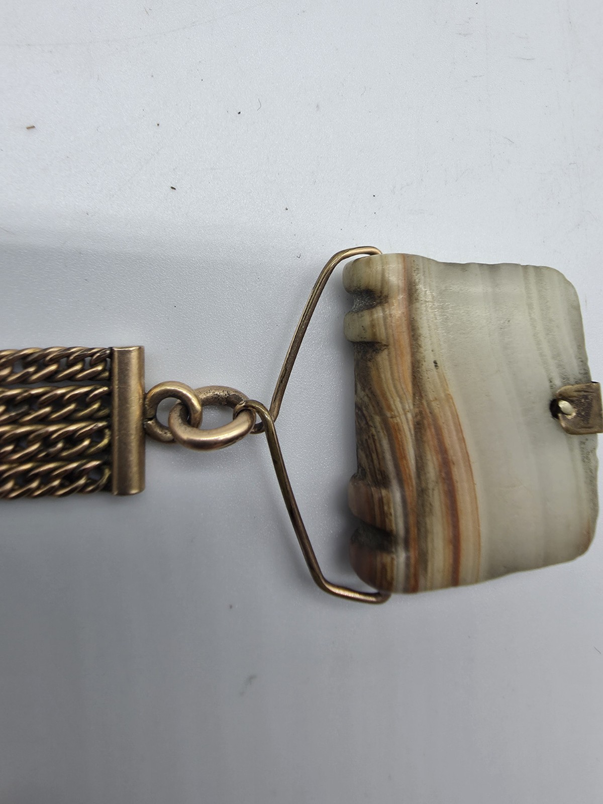Antique Victorian Gold Filled 4 Strand Mesh Watch Fob Chain Slide Carved Agate