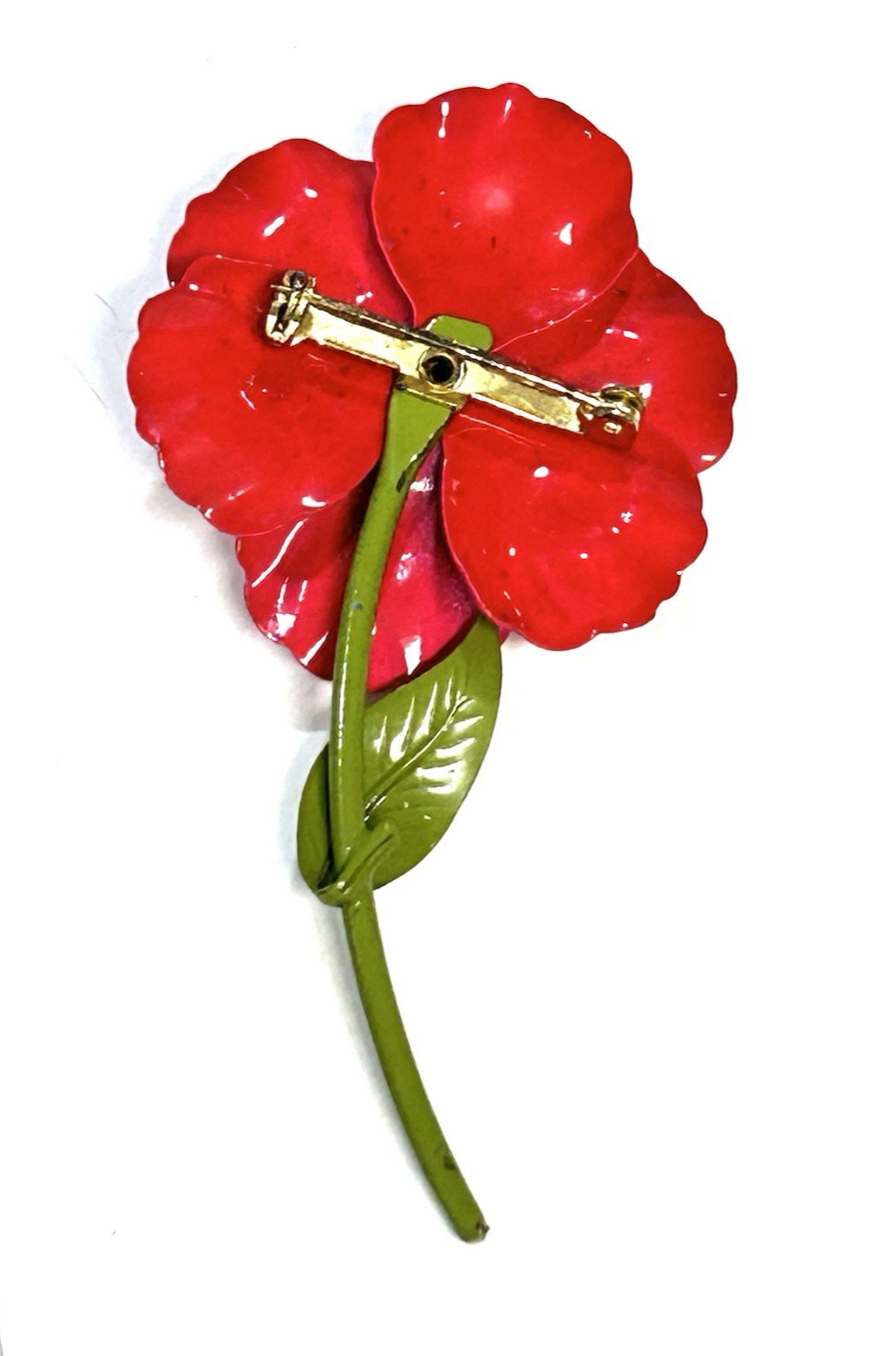 VINTAGE RED ENAMEL POPPY FLOWER METAL PIN 3″