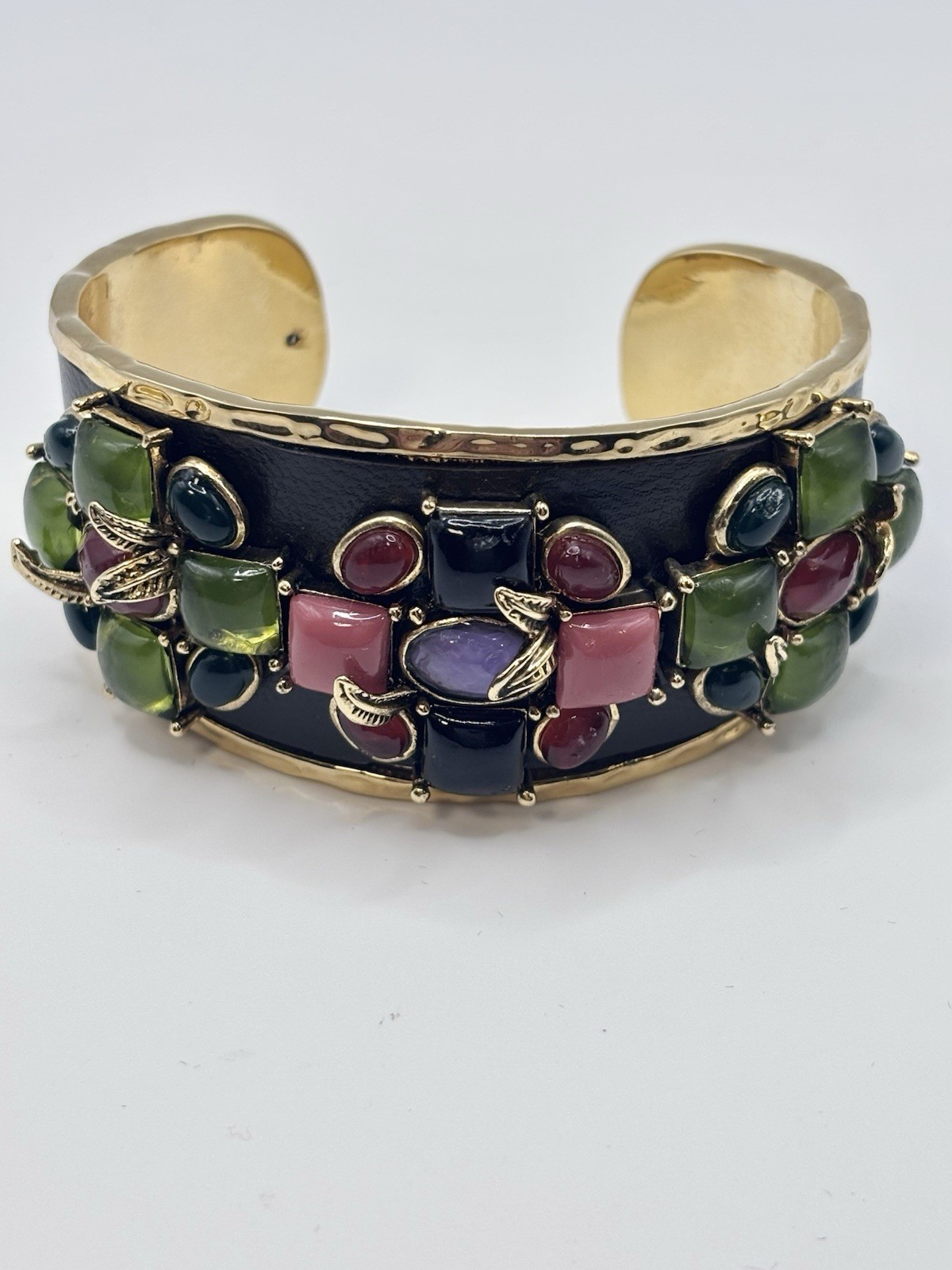 Vintage Chunky Gold Tone Multicolor Cabochon Crystal & Leather Byzantine Cuff