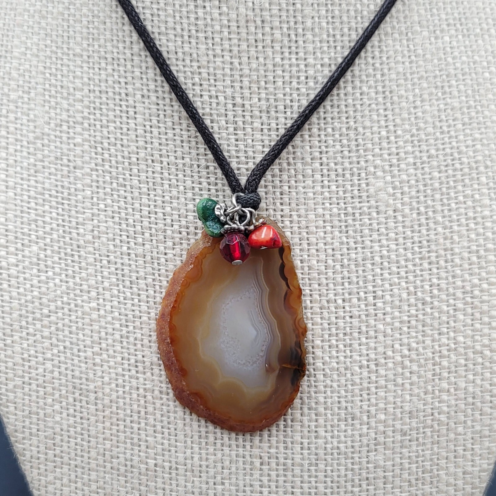 Banded Agate Geode Slice Pendant Necklace Beads Black Cord 15″-18″