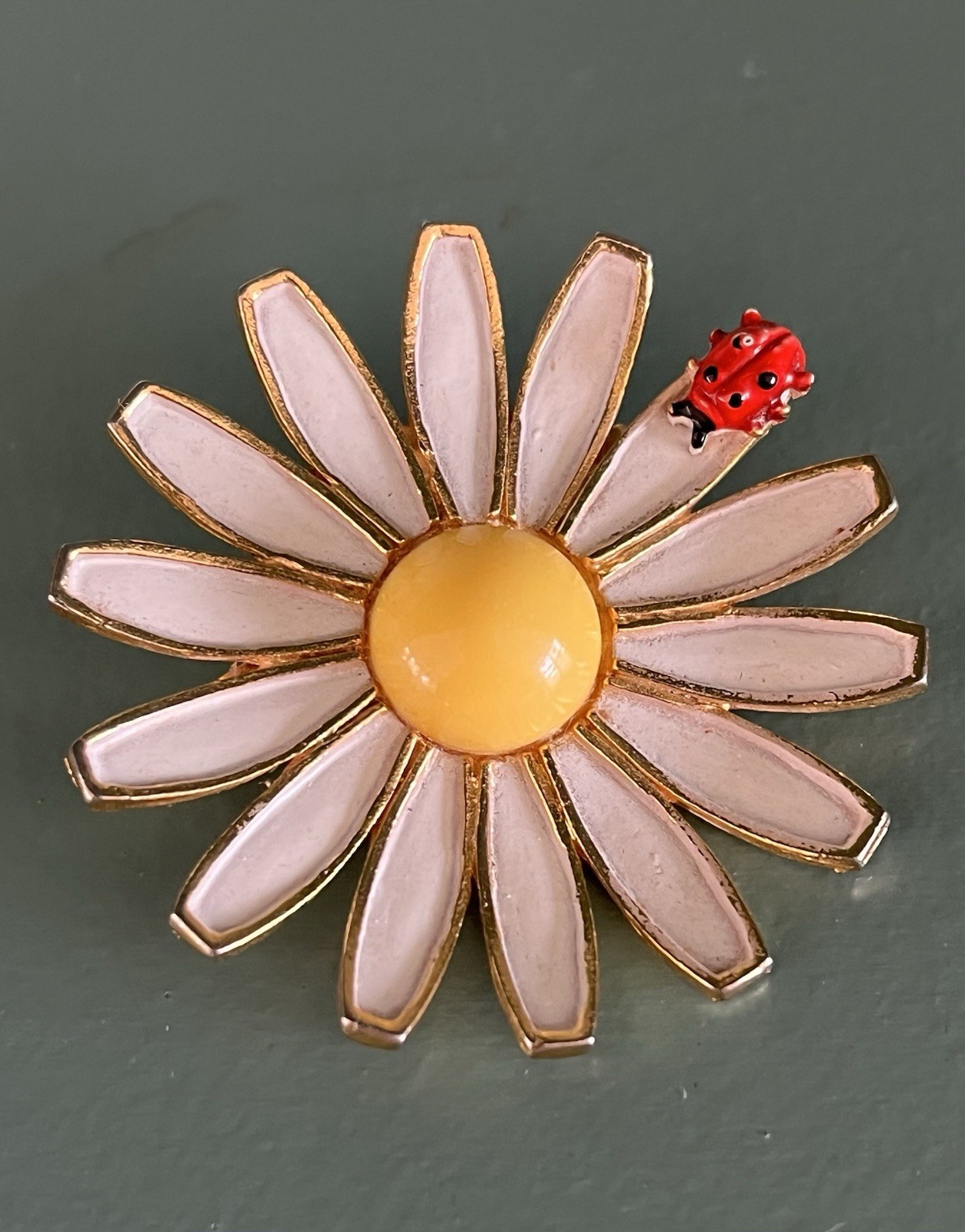 Vintage Signed Weiss Ladybug on Daisy Brooch 1960’s Almost 2″Diameter