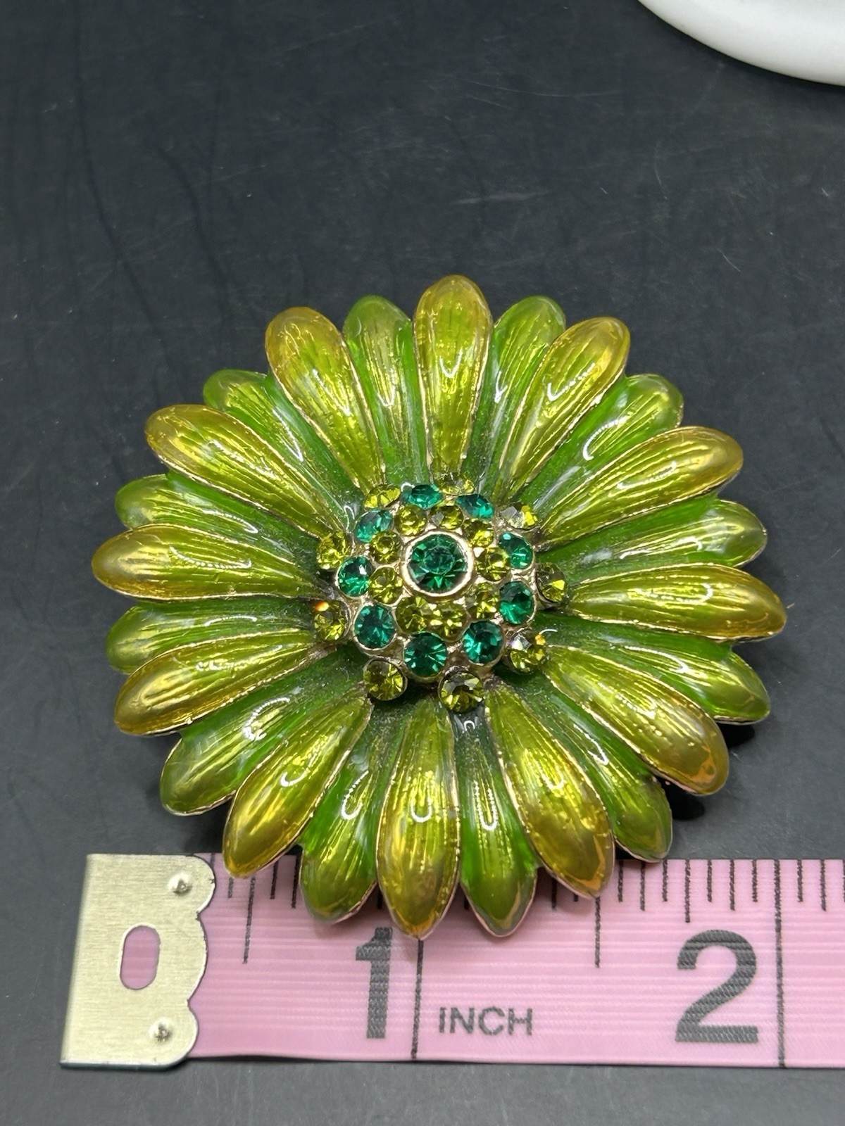 Lovely Vintage Monet Gold tone 2″ Green Enamel Rhinestone Brooch