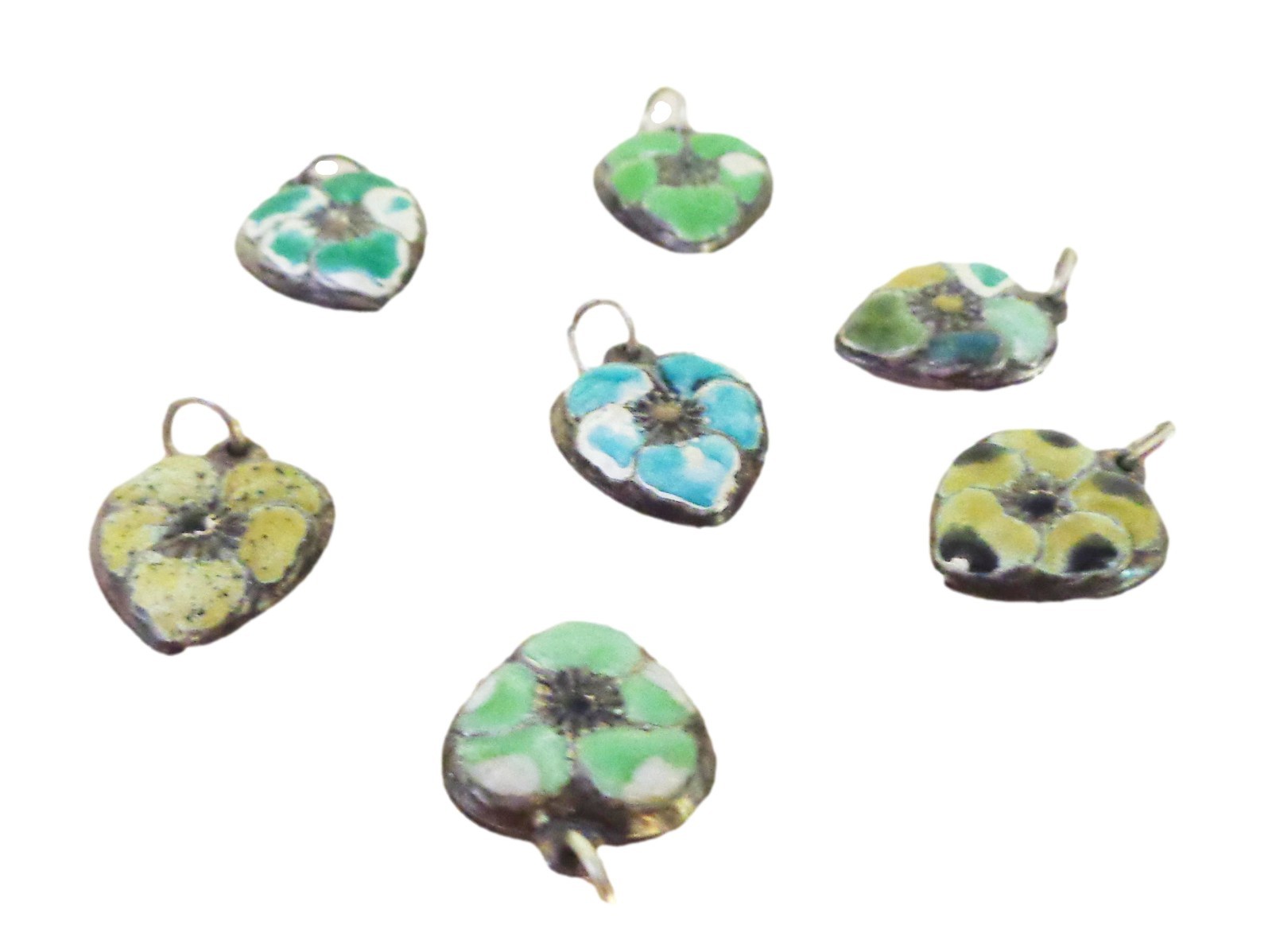 7 Vintage Puffy Sterling Silver Heart Shaped Pansy Charms