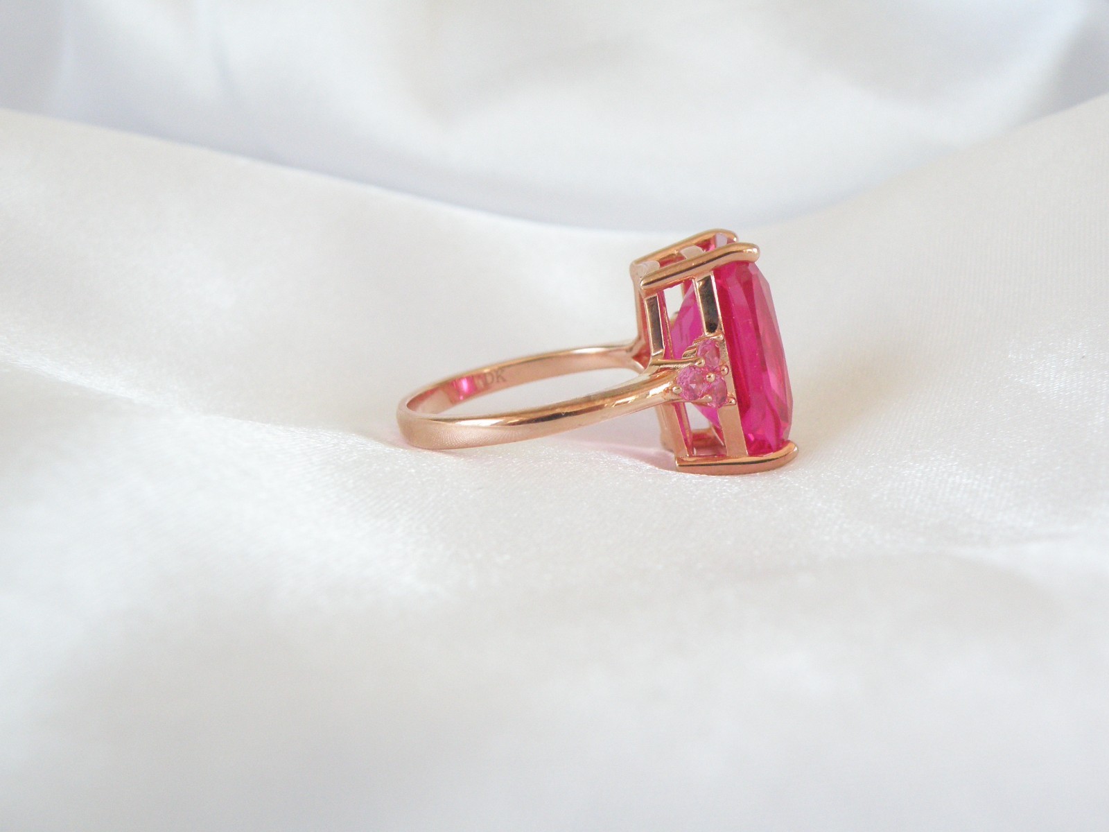 Sterling Silver 925 Rose Gold Large Lab Created Pink Sapphire Ruby Ring Size 10