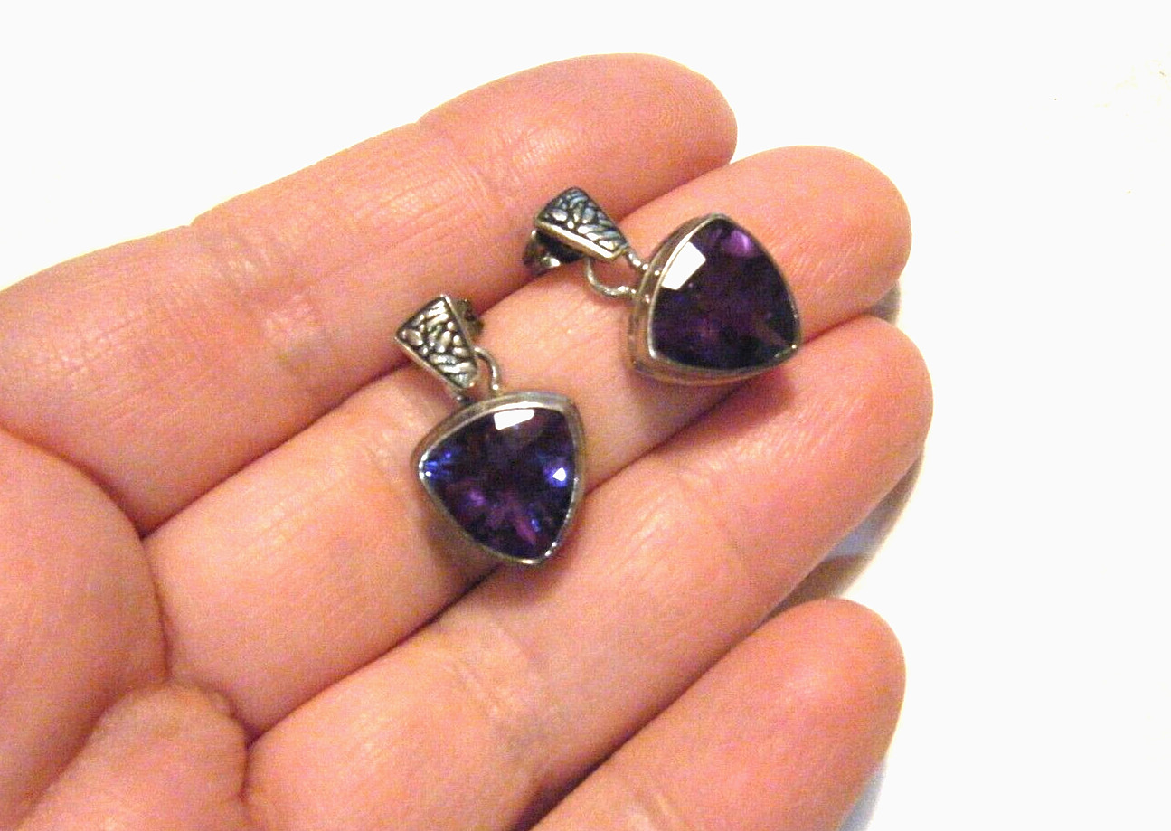 1″ Vintage Sterling Silver Purple / Blue Tanzanite Trillion Dangle Drop Earrings