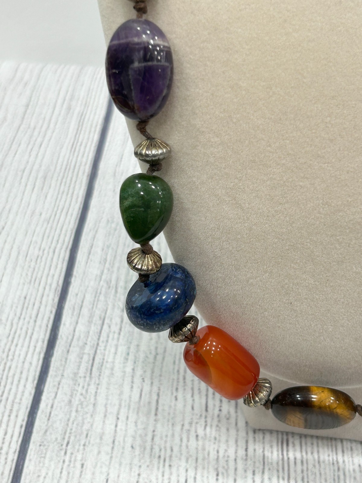 Artisan Multi-Gemstone Necklace Amethyst Lapis Tiger’s Eye Carnelian Jade 18″