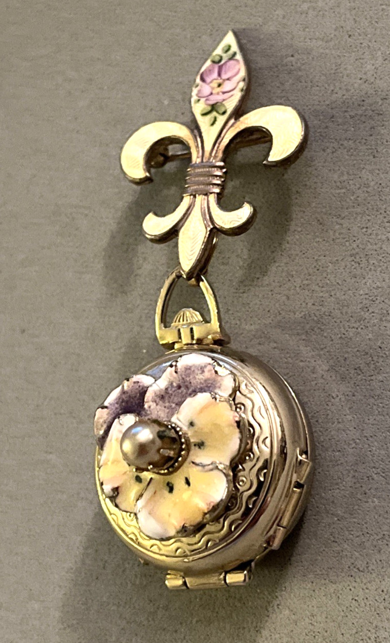Vintage CORO Pegasus Fleu de Lis Enamel Pansy 4 Way Photo Pin Brooch Locket